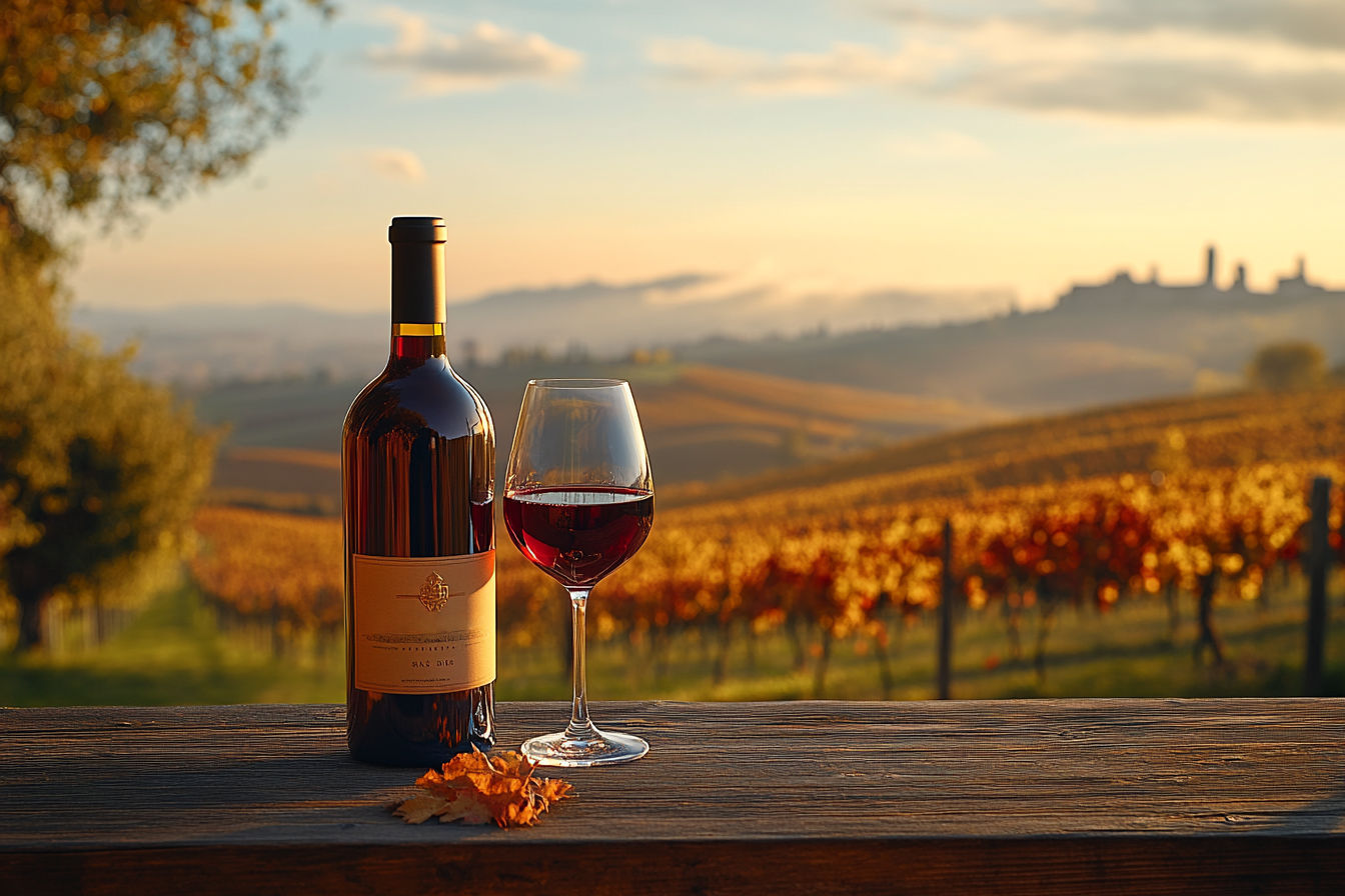 A professional studio photograph of a Barolo wine bottle and glass, filled with deep ruby-red wine, set against a backdrop of misty Piedmont Langhe hills at golden hour, rolling vineyards with neat rows, rustic wooden table, soft natural light casting gentle shadows, autumnal tones of gold and amber, elegant composition, high detail, cinematic depth of field