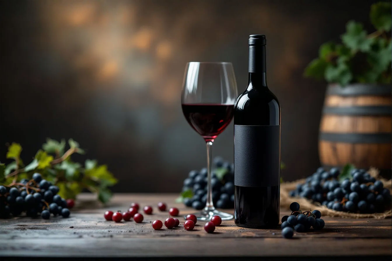 A professional studio photograph of a luxurious Cabernet Sauvignon scene: a single, deep red wine bottle with a sleek black label sits beside a filled wine glass, rich ruby liquid catching soft, dramatic lighting. Surround it with subtle vineyard elements—grapevines, dark berries, and oak barrel textures—in a shallow depth-of-field composition. Use a dark, moody background with warm highlights to evoke sophistication and depth, ultra-realistic, 8K resolution, cinematic style, no text.