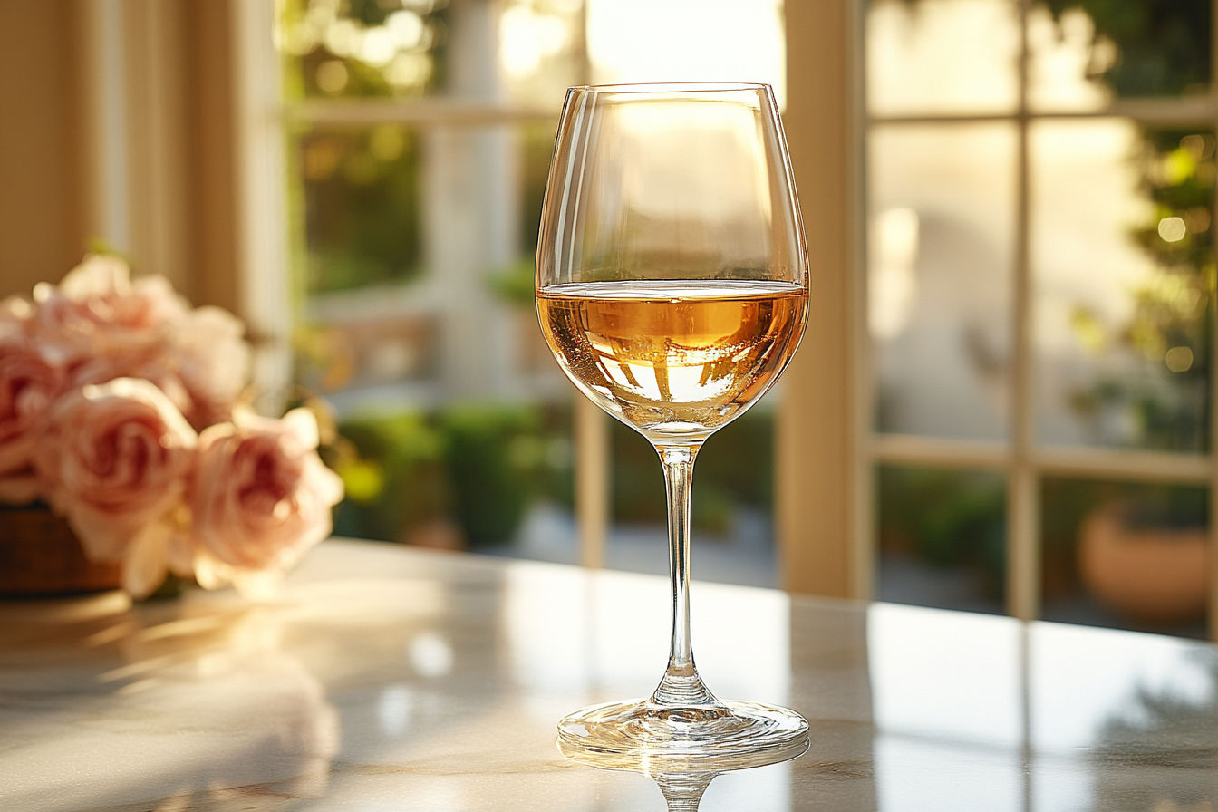 Professional wine photography: elegant glass of golden Chardonnay on marble countertop, soft natural light streaming through, vineyard backdrop with limestone soil, crystal-clear wine with delicate bubbles rising, amber highlights, subtle oak barrel in background, shallow depth of field, 85mm lens, f/2.8, diffused lighting, high-end commercial photography style, highly detailed, photorealistic