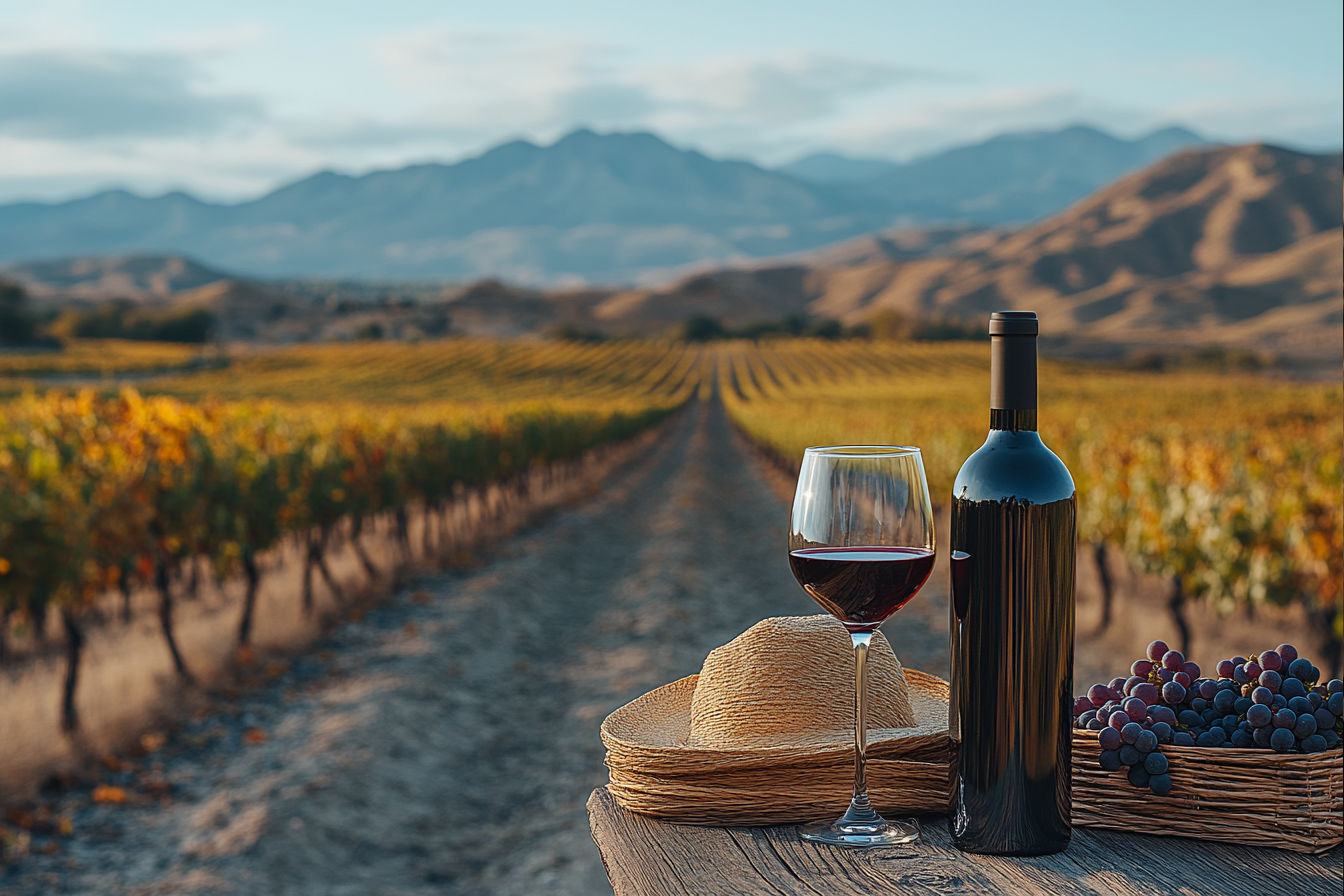 A stunning professional photograph of a Malbec wine scene, featuring a sleek bottle of Catena Zapata Malbec on a rustic wooden table, beside a filled wine glass with deep purple-red liquid catching soft golden light. In the background, a blurred vineyard at sunset with rolling Mendoza hills and the Andes mountains, rich in earthy tones of green and amber. The composition uses dramatic shadows, crisp focus on the bottle and glass, and a warm, inviting atmosphere—hyper-realistic, 8K resolution, cinematic depth of field, vibrant yet natural colors.