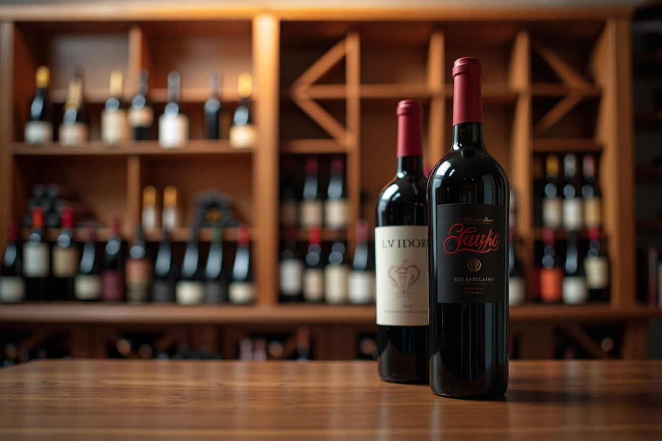 Red Wine Featured Image: professional photo of a wine cellar, featuring an array of red wine bottles including Cabernet Sauvignon, Pinot Noir, Merlot, Malbec, Shiraz, Sangiovese, Tempranillo, Lambrusco, and Barolo, with a focus on a bottle in the foreground, soft lighting, elegant atmosphere, detailed labels visible, high resolution