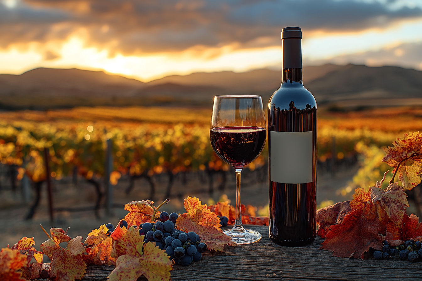 A stunning professional photograph of a Malbec wine scene, featuring a sleek bottle of Sangiovese wine on a rustic wooden table,