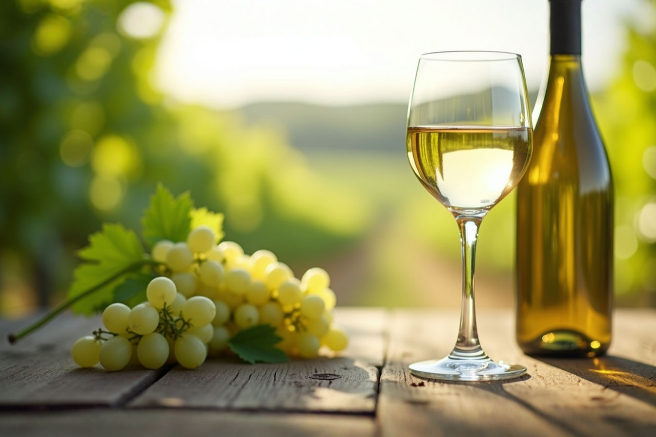 Professional photography of an elegant Sauvignon Blanc wine scene: a crystal wine glass filled with pale straw-colored wine, positioned on a rustic wooden table with diffused natural light, surrounded by fresh green grape leaves, a vineyard landscape in soft focus background, crisp white wine bottle slightly blurred, depth of field, dramatic lighting, 85mm lens, f/2.8, high-end commercial photography