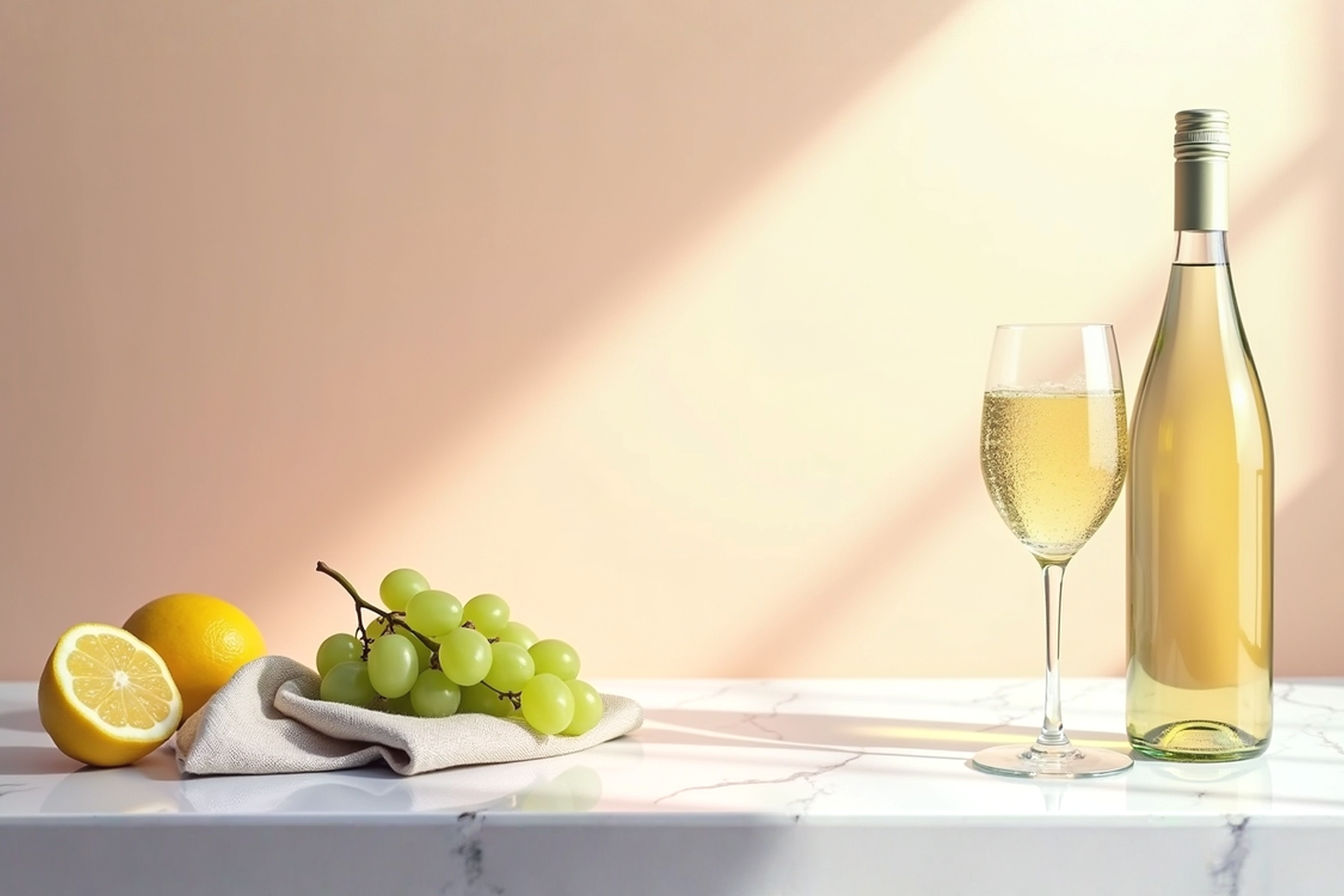 White Wine Featured Image: A professional studio shot of a chilled white wine bottle and a filled glass on a sleek white marble table, surrounded by subtle accents like fresh green grapes, a lemon slice, and a linen napkin. Soft natural light streams in, highlighting crisp condensation on the glass, with a clean, minimalist background. Photorealistic, high detail, 4k resolution, elegant composition, food photography style