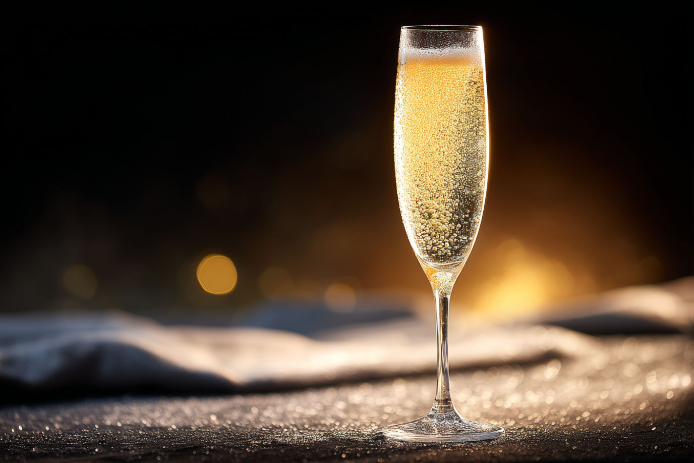Professional studio photography of a crystal champagne flute with rising bubbles against a dark backdrop, dramatic side lighting, shallow depth of field, droplets of condensation on glass, golden champagne color, luxury lifestyle product photography, high-end advertising style, 50mm lens, f/2.8, soft shadows, commercial quality, pristine, ultra-detailed