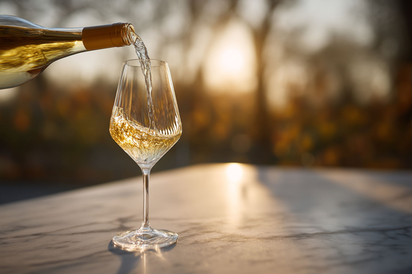 Professional photography of elegant dry white wine being poured from bottle to glass, golden liquid catching natural light, crystal clear wineglass on marble countertop, soft bokeh background with vineyard hints, dramatic lighting, depth of field, high-end restaurant atmosphere, 85mm lens, f/2.8, professional food photography, high resolution, photorealistic