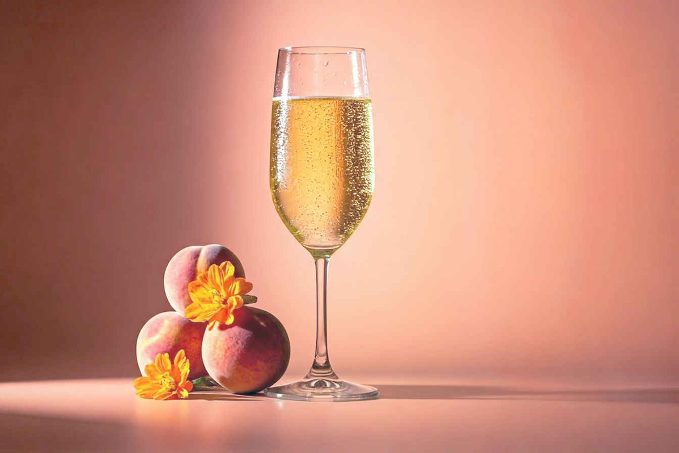 Professional product photography of a chilled glass of light gold Moscato wine with tiny bubbles, set against a soft-focus neutral background with gentle natural lighting. The glass has condensation droplets and is accompanied by fresh white peaches and orange blossoms. Shallow depth of field, crystal clear wine glass, ultra-detailed, 85mm lens, f/2.8, soft natural window lighting, professional food photography, magazine quality, advertisement style