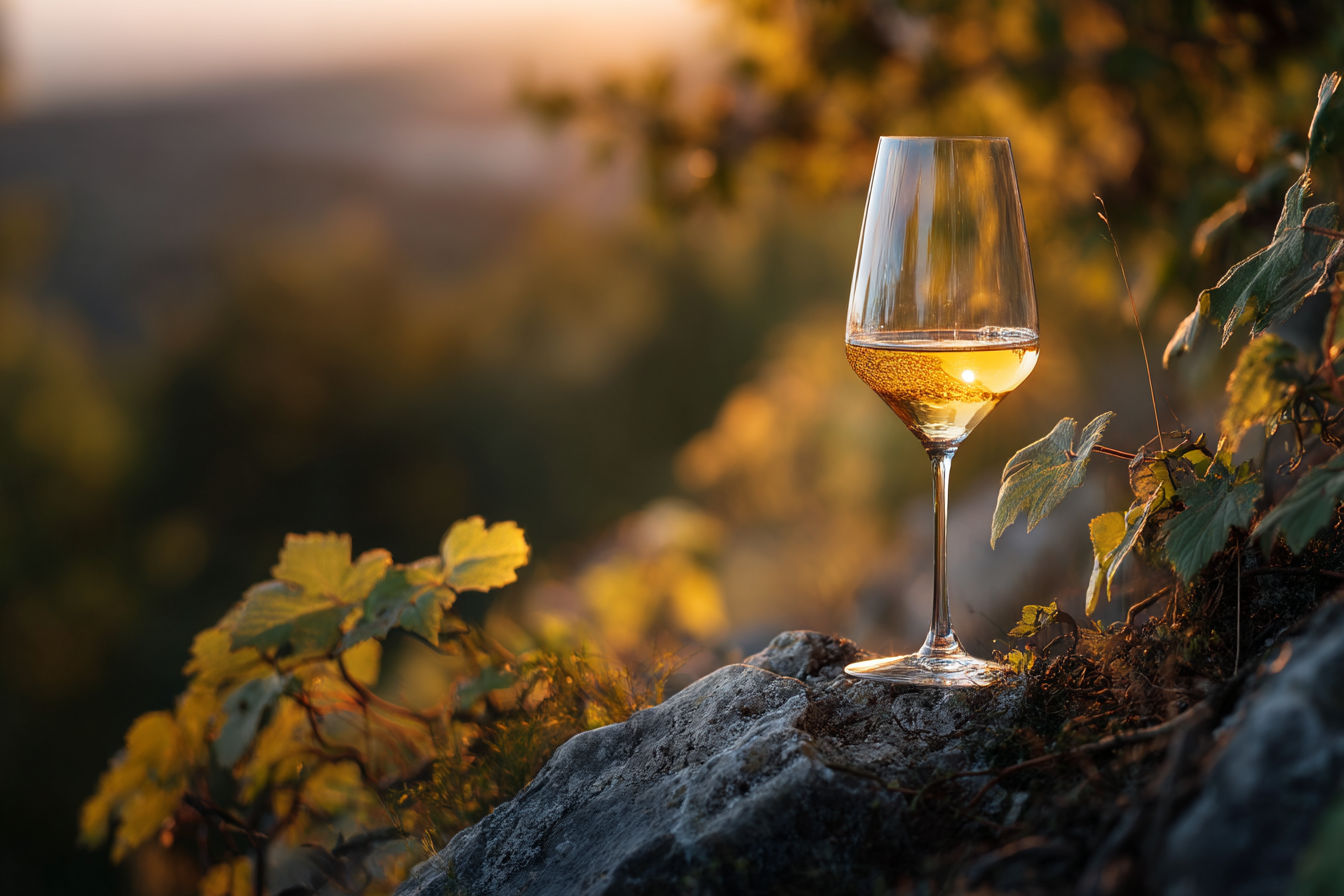 Professional photography of a backlit Riesling wine glass with golden liquid catching the light, surrounded by vineyard elements including slate soil and green grape leaves. Dramatic lighting with soft bokeh background showing steep hillside vineyards at sunset. Crisp, elegant composition with depth of field. High-resolution, magazine-quality wine photography.