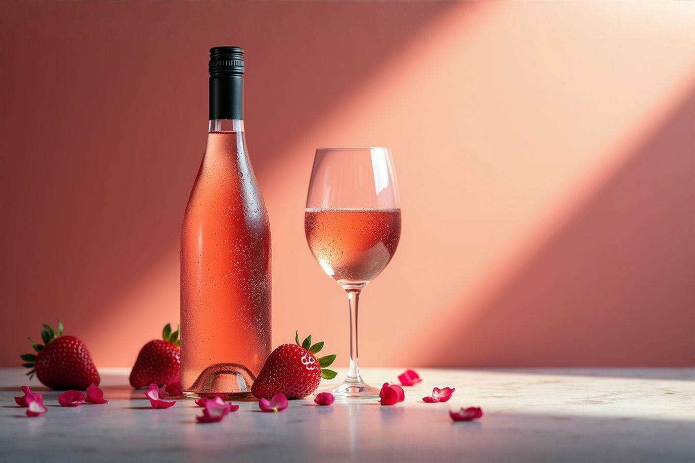 A professional product photography style image of a chilled bottle of sweet rosé wine with condensation droplets, positioned beside an elegant stemmed wine glass filled halfway with vibrant pink rosé wine. Soft natural lighting from the side creates a gentle highlight on the glass rim and bottle surface. Scattered fresh strawberries and rose petals on a marble or light-colored stone surface. Shallow depth of field with the bottle and glass in sharp focus against a softly blurred neutral background. Bright, airy composition with soft shadows. 8K, ultra-detailed, professional food photography lighting.