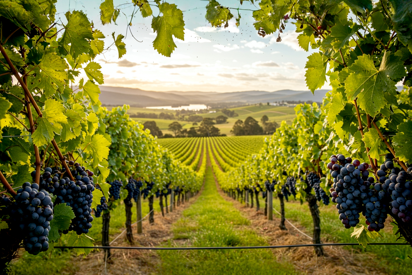 Professional, hyper-realistic photograph of a lush vineyard in the Coal River Valley, Tasmania. In the foreground, a row of mature Pinot Noir grapevines with deep purple bunches is bathed in the warm, low light of the golden hour. The rolling hills of the valley recede into the background, with a glimpse of the Coal River in the distance. The sky is clear with a few soft clouds, creating a serene and premium atmosphere. The image should have a shallow depth of field, focusing sharply on the grapes while the background is softly blurred. Style of a high-end wine magazine photoshoot.