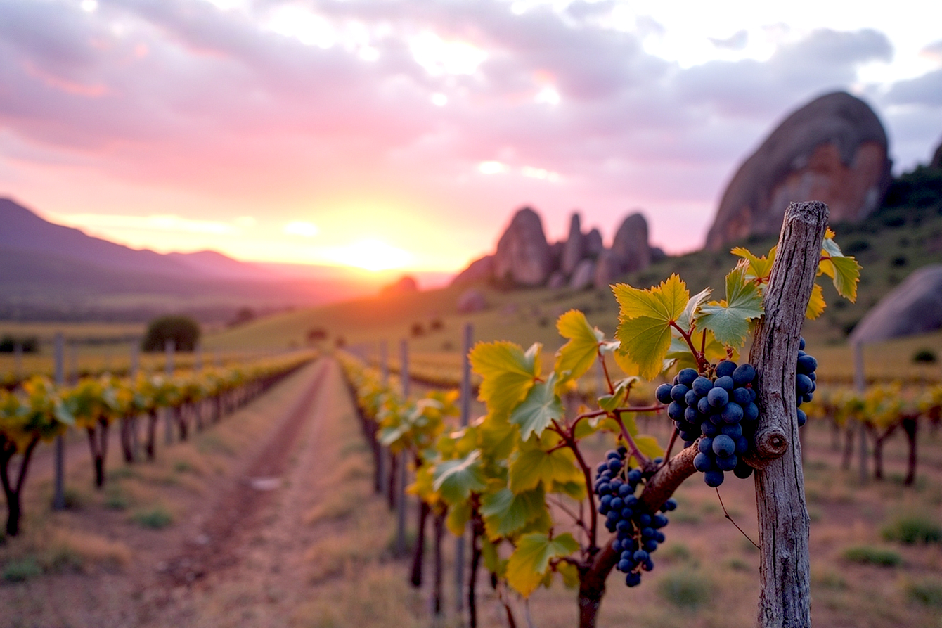 Lifelike professional photograph of a rugged, elegant vineyard in Australia's Granite Belt. In the foreground, a gnarled old vine with deep green leaves and a small bunch of dark Shiraz grapes is in sharp focus. The background shows rolling hills under a vast, dramatic sky with a few soft clouds, just before sunset. The warm, golden light of the late afternoon sun illuminates the scene. Dotted throughout the landscape are massive, weathered granite boulders, a signature feature of the region. The overall mood is one of serene, natural beauty and premium quality. Shot on a full-frame DSLR camera with a 50mm f/1.4 lens, cinematic style, high detail.
