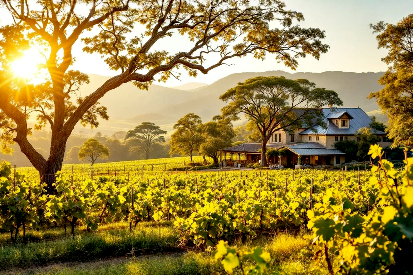 Lifelike, professional photography style image capturing the essence of the Hunter Valley wine region. A sun-drenched, slightly hazy late afternoon view across rolling vineyard rows, with lush green vines laden with ripe grapes (subtly visible, perhaps white grapes like Semillon). In the mid-ground, a charming, historic winery building with a rustic tin roof and sandstone walls, partially shaded by mature gum trees. The Brokenback Range is visible in the soft, distant background. The lighting should be warm and golden, evoking a serene and inviting atmosphere. No people. Focus on landscape and terroir. High detail, Canon EOS 5D Mark IV quality.