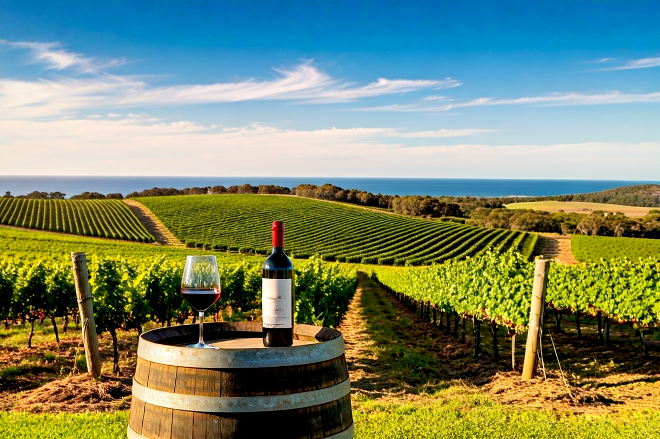 Lifelike, professional photograph of a sun-drenched vineyard in Margaret River, Western Australia. Rolling hills with meticulously tended rows of lush green grapevines under a clear, bright blue sky with a few wispy clouds. In the foreground, a rustic oak barrel with a premium, elegantly labeled bottle of Margaret River Cabernet Sauvignon and a crystal wine glass filled with deep ruby red wine, catching the light. The distant background subtly hints at the turquoise Indian Ocean, emphasizing the region's maritime influence. The scene should evoke a sense of premium quality, natural beauty, and the warmth of the Australian sun. Golden hour lighting preferred for a rich, inviting atmosphere.