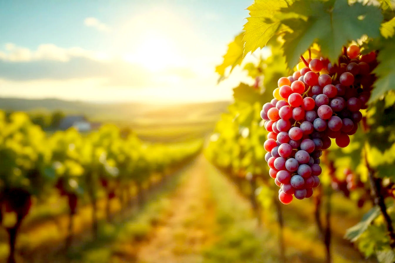 Lifelike, pro photography style image capturing the essence of the Maryland wine region. A sun-drenched vineyard with rolling hills in the background, possibly with a glimpse of the Chesapeake Bay or a historic Maryland barn in the far distance. Focus on lush, ripe grape clusters (mix of red and white) on the vine in the foreground. The lighting should be warm, golden hour style, evoking a sense of quality and natural beauty. Include a subtle hint of Maryland's character, perhaps a distant Maryland flag or a classic wooden fence. The overall mood should be inviting, sophisticated, and indicative of a thriving wine region. No people in the shot.