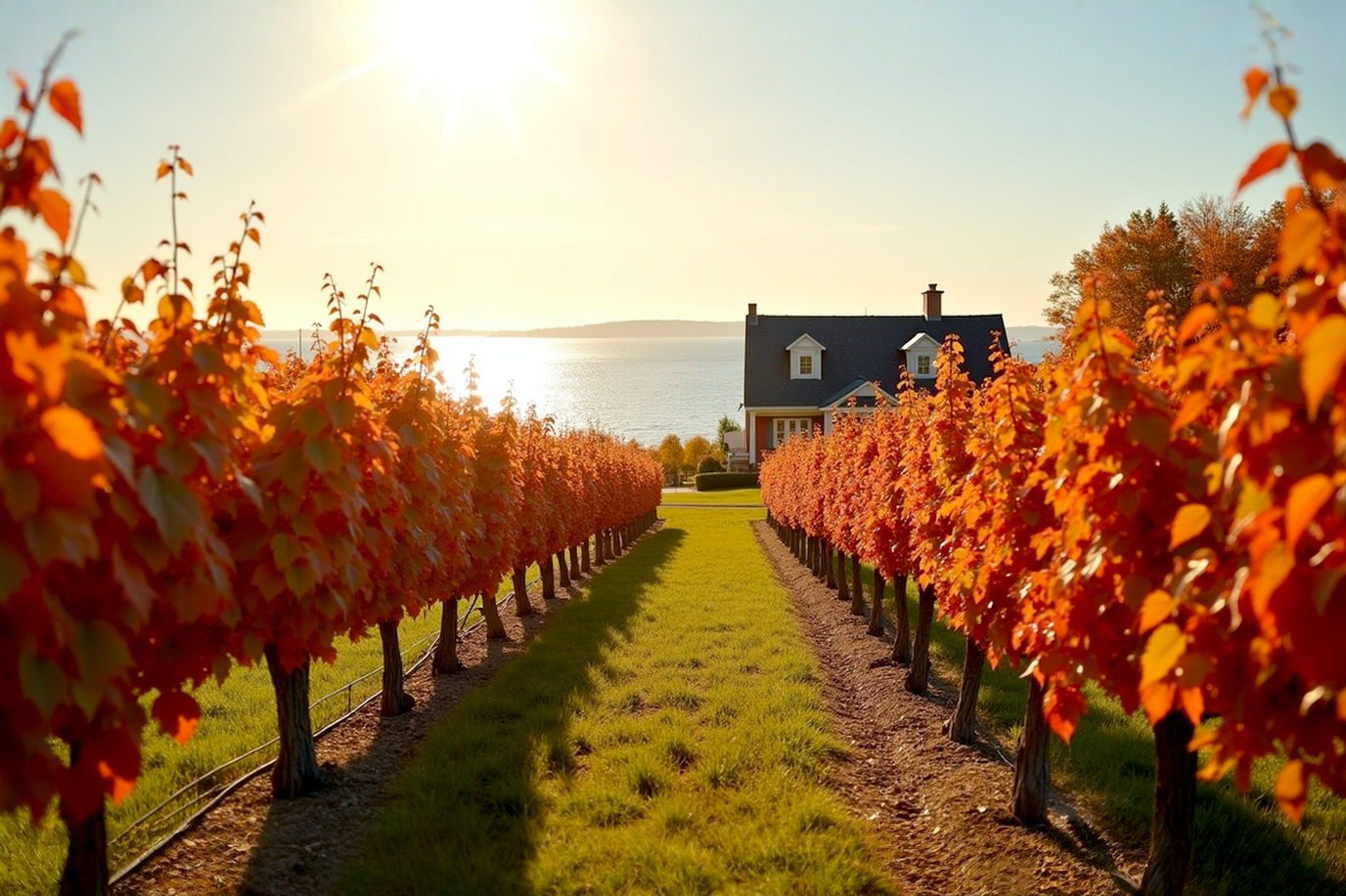 Lifelike, professional photograph of a sun-drenched vineyard in Michigan during early autumn. Rows of grapevines with vibrant red and gold leaves stretch towards a sparkling blue lake (resembling Lake Michigan) in the background under a clear, bright sky. A rustic yet elegant tasting room or winery building is subtly visible in the distance. The image should evoke a sense of quality, natural beauty, and the inviting atmosphere of wine tourism. Focus on warm lighting and rich colors. Shot with a DSLR, high resolution, golden hour lighting.