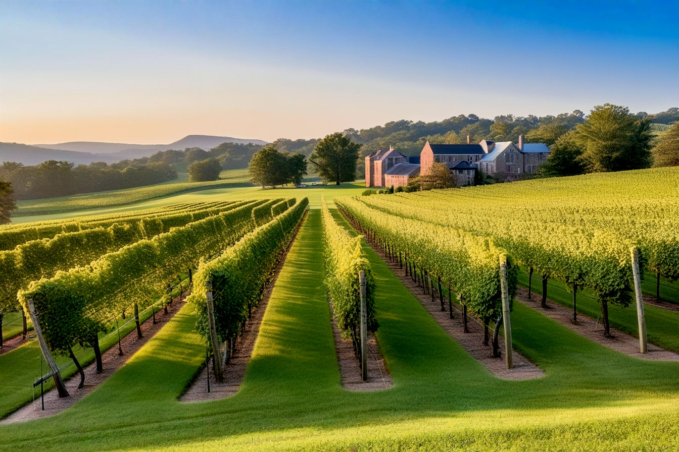 Lifelike, pro photography style, golden hour shot of a lush, rolling vineyard in Pennsylvania during early autumn. Rows of grapevines with maturing red and green grapes are visible. In the mid-ground, a charming, rustic stone winery building with a welcoming tasting room entrance. The background shows distant, hazy blue Appalachian foothills. The overall mood is warm, inviting, and evocative of a premium wine tourism experience. Focus on rich colors and textures.
