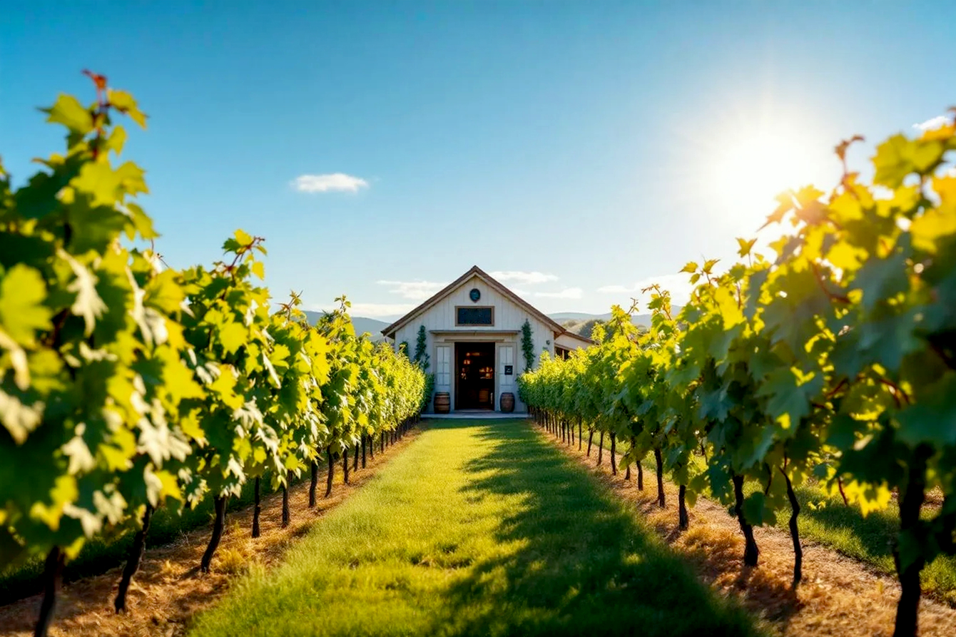 Lifelike, pro photography style image capturing the essence of the Swan Valley wine region. A sun-drenched, slightly low-angle shot across rows of mature, leafy green grapevines under a clear, bright blue sky. In the mid-ground, a charming, rustic-style cellar door building with a welcoming, open entrance. Perhaps a hint of the Swan River or distant, rolling hills in the background. The lighting should be warm and golden, evoking late afternoon. Include a wine barrel or two near the cellar door entrance. Focus on creating a sense of warmth, history, and inviting bounty. Avoid any people in the shot.