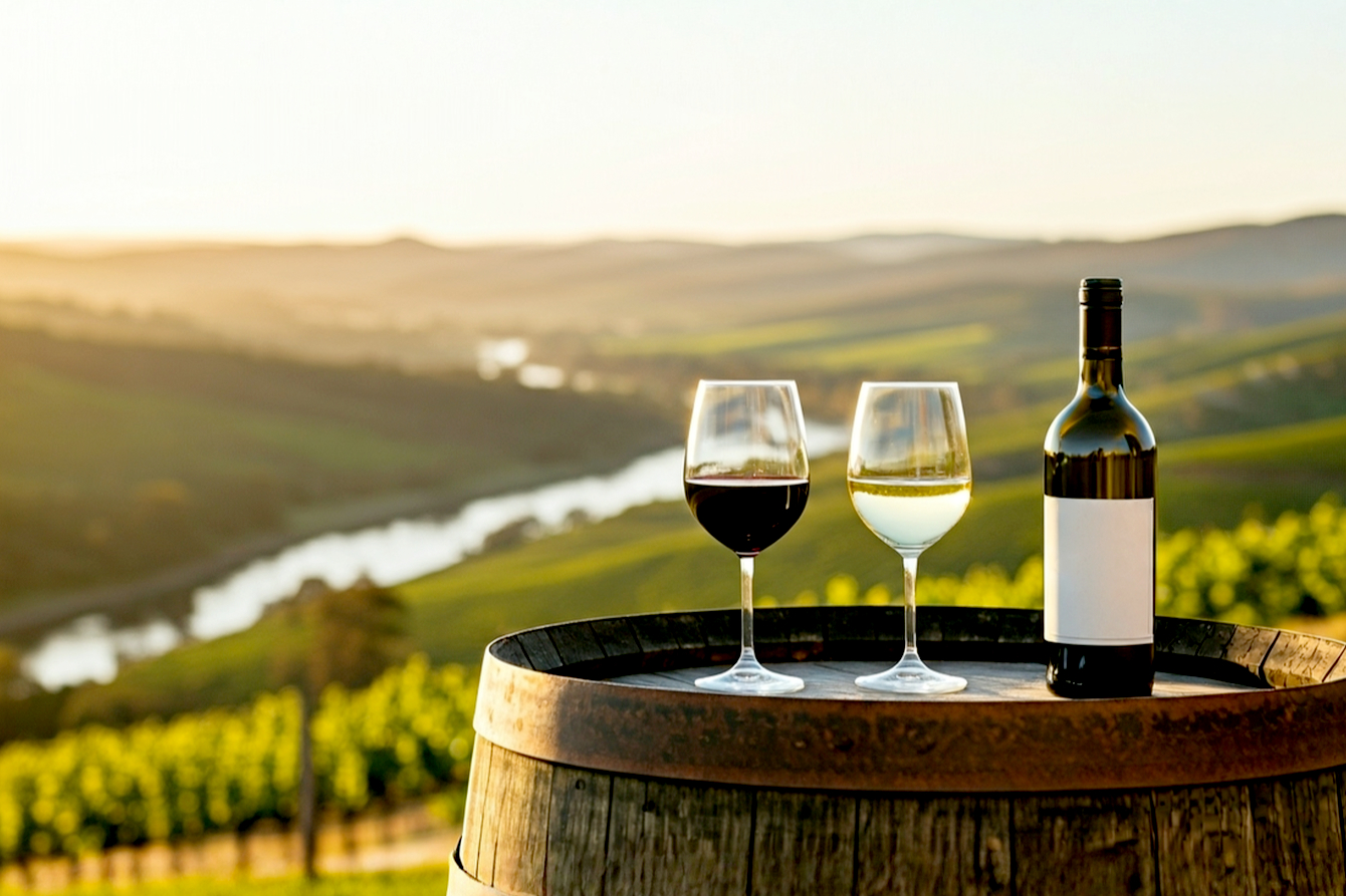A breathtaking, lifelike professional photograph of a wine tasting experience in Tasmania's Tamar Valley at golden hour. In the foreground, two wine glasses—one filled with ruby-red Pinot Noir, the other with golden Chardonnay—rest on a rustic wooden barrel. A high-end bottle of Pinot Noir with a sophisticated label stands beside them. The background shows rolling green vineyard hills disappearing into the hazy, sun-drenched valley, with the winding Tamar River visible in the distance under a warm, golden sky. The shot should have a shallow depth of field, focusing sharply on the wine glasses while the background is softly blurred. The style should be luxurious, evocative, and cinematic, capturing a sense of premium quality and natural beauty.
