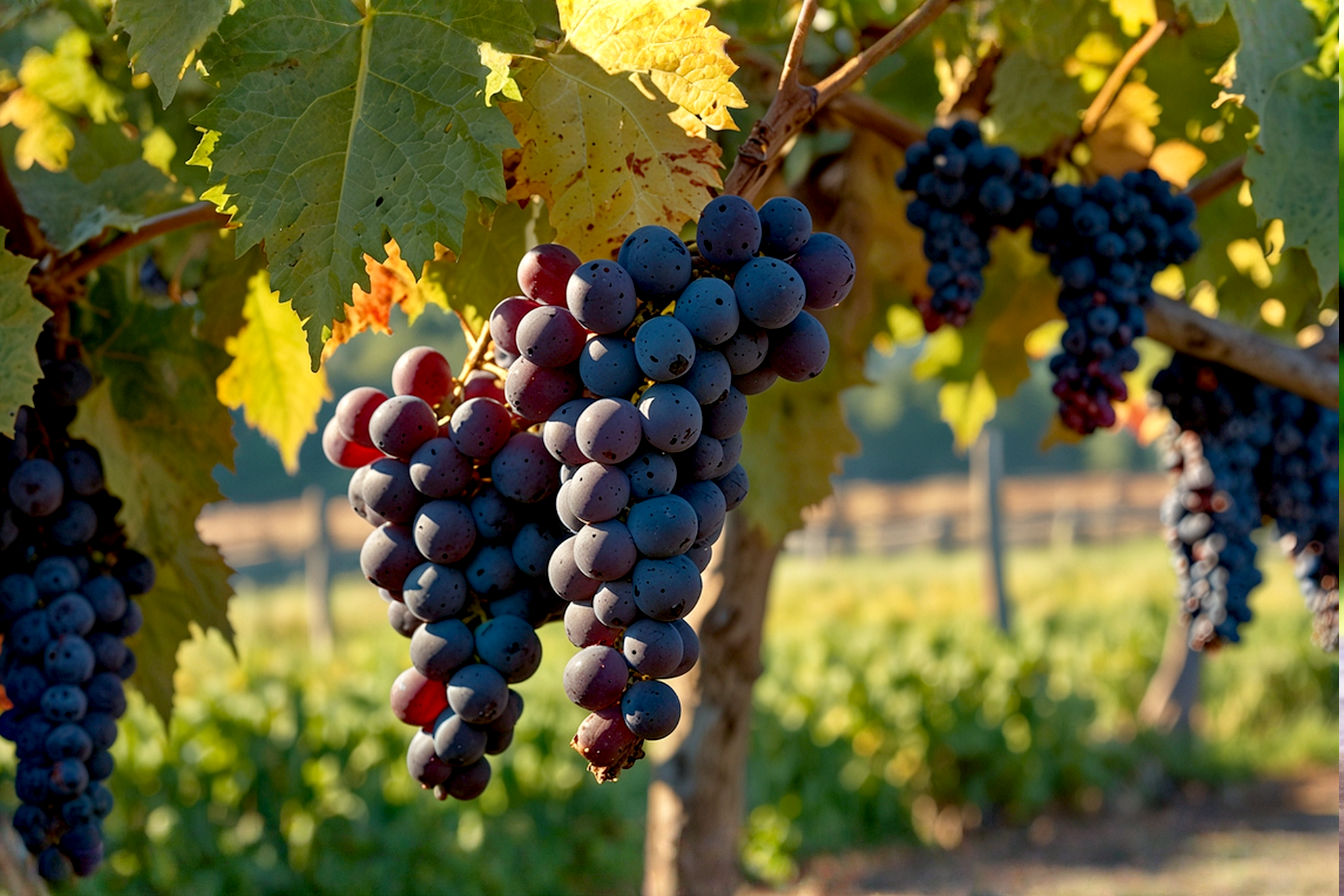 Lifelike, professional photograph of a sun-drenched Virginia vineyard in early autumn. Rolling hills with rows of grapevines showing hints of fall colors (reds, oranges, yellows) under a clear blue sky with soft, golden hour lighting. In the foreground, a close-up of a mature bunch of dark purple Cabernet Franc grapes on the vine, slightly dewy. The background subtly hints at the Blue Ridge Mountains in the hazy distance. The overall mood is serene, abundant, and high-quality.