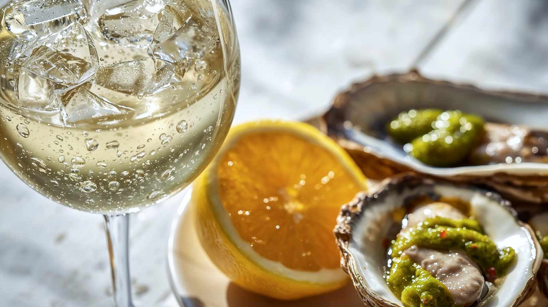 A close-up, high-resolution professional food photography shot capturing the essence of freshness and acidity. In the foreground, a crystal-clear glass of white wine with condensation droplets sits next to a fresh, halved lemon and a plate of oysters with a vibrant green vinaigrette. The lighting is bright and natural (backlit), highlighting the golden hue of the wine and the texture of the citrus. The background is a blurred, rustic white wooden table, evoking a clean, summer vineyard lunch atmosphere. The image should convey crispness, "zing," and mouth-watering freshness.