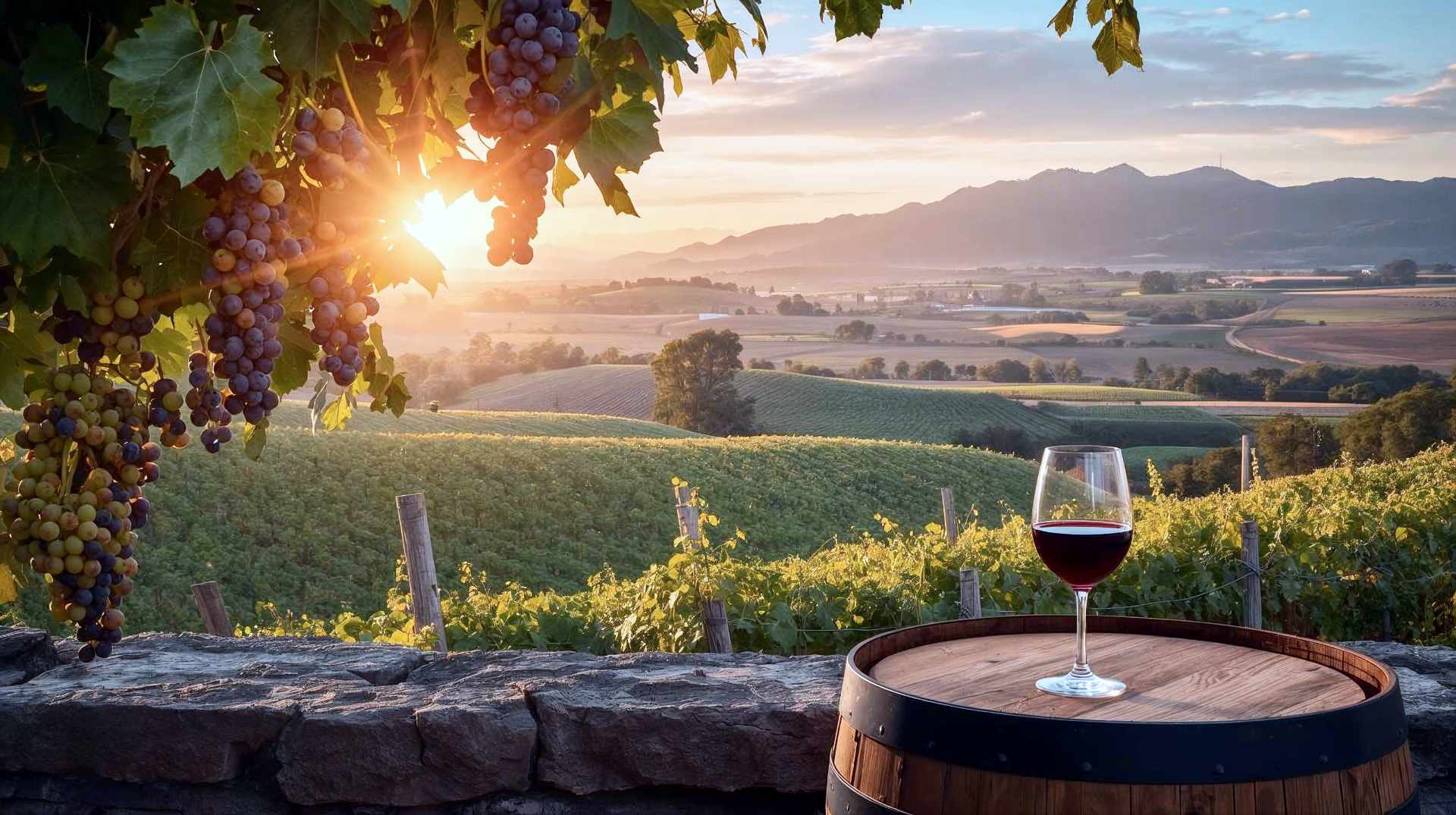 A breathtaking, photorealistic landscape of a diverse American vineyard at golden hour. The composition should seamlessly blend elements of different terroirs: rolling green hills reminiscent of Sonoma in the foreground with lush grape clusters hanging from the vine, transitioning to a drier, dramatic valley backdrop similar to eastern Washington or Napa. Warm, amber sunlight filters through the leaves, illuminating a rustic but elegant wooden barrel and a glass of deep red wine resting on a weathered stone wall in the immediate foreground. The image should evoke a sense of heritage, agricultural beauty, and premium quality. Professional photography style, high dynamic range, sharp focus.