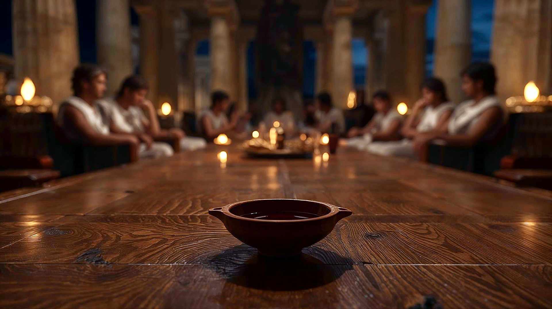 A cinematic, photorealistic recreation of an Ancient Greek Symposium. Composition: Low-angle shot looking across a polished wooden table. In the foreground, a terracotta Kylix (shallow wine cup) rests, half-full of dark red wine. In the mid-ground, men in white chitons are reclining on couches, engaged in deep conversation, bathed in the warm, flickering orange glow of oil lamps.