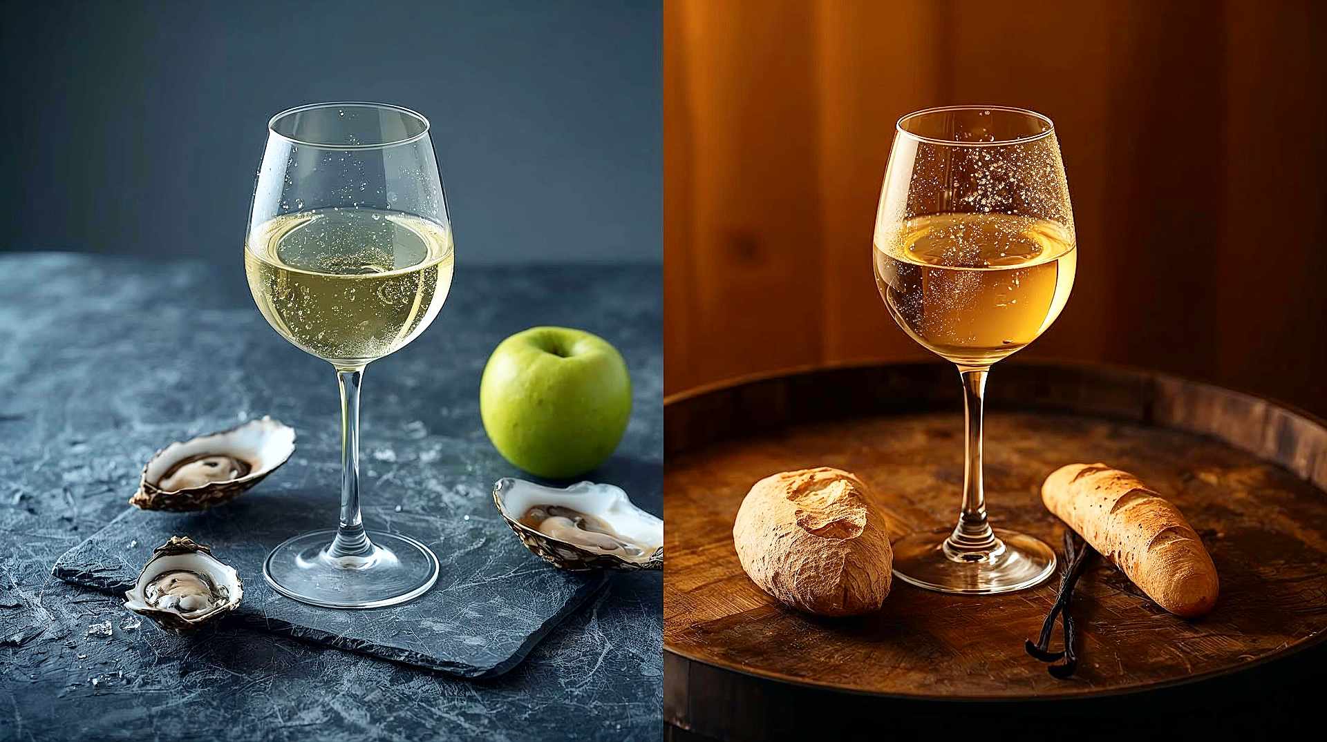 A split-composition, high-resolution professional photograph capturing the duality of Chardonnay wine. On the left side, a scene evoking "Steely Chablis": a glass of pale, straw-colored white wine sits on a rough, cool grey slate stone near fresh oysters and a green apple, bathed in cool, bluish morning light. On the right side, a scene evoking "Buttery Napa": a glass of deep golden-yellow wine sits on a warm, polished oak barrel stave next to a toasted baguette and a vanilla bean, bathed in warm, golden-hour sunset light. The lighting should blend seamlessly in the middle. The image should be hyper-realistic, focusing on textures—the condensation on the cold glass versus the rich glow of the warm glass—evoking a sense of premium culinary culture.