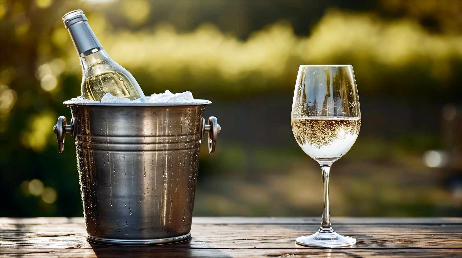 A hyper-realistic, professional close-up photograph of a chilled bottle of Sauvignon Blanc standing in a classic silver ice bucket. The bucket has condensation beads rolling down the side. The lighting is soft and natural, evoking a late afternoon garden party. In the foreground, a stemmed wine glass containing white wine sits on a wooden table, with the glass showing a slight, refreshing mist of condensation. The background is a softly blurred vineyard or garden setting with dappled sunlight. The mood is sophisticated, refreshing, and inviting. High resolution, 8k, cinematic lighting.