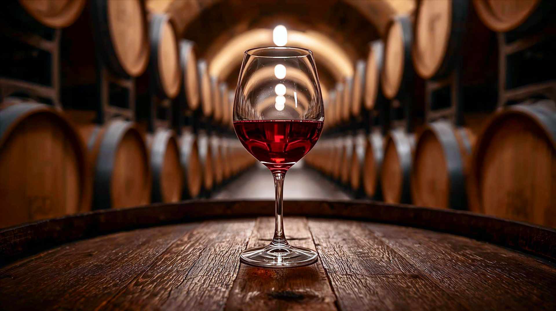 A high-resolution, professional photograph showing a close-up, eye-level perspective of a pristine wine glass half-filled with rich, ruby-red wine. The glass sits on a rustic, weathered oak barrel surface in a dimly lit, authentic wine cellar. Soft, warm ambient lighting highlights the curvature of the glass and the "legs" of the wine on the sides. In the shallow depth-of-field background, rows of stacked wooden wine barrels fade into the shadows, creating a sense of history and craftsmanship. The lighting should catch the ruby glint of the liquid, emphasizing texture and elegance. Cinematic, golden-hour atmosphere.
