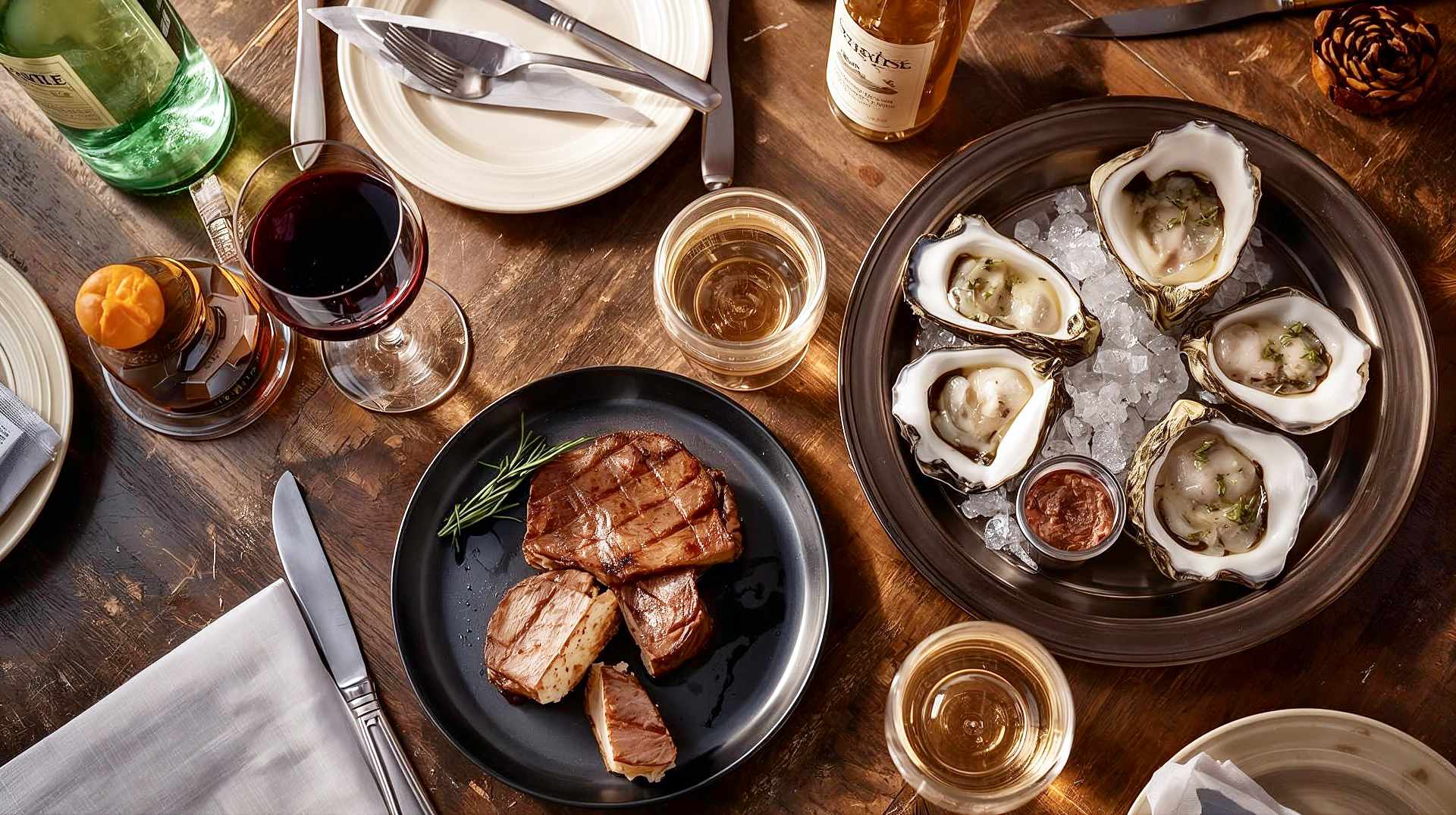 A high-resolution, professional overhead shot of a rustic wooden dining table set for a feast. The composition features a variety of paired items: a glass of rich red wine next to a plate with a seared steak and rosemary, and a glass of crisp white wine next to a plate of oysters on ice. Soft, warm lighting creates an inviting, golden-hour atmosphere. The image should focus on the textures of the food and the clarity of the wine, utilizing a shallow depth of field to blur the background slightly. The style is elegant yet accessible, evoking the feeling of a high-end lifestyle magazine spread.