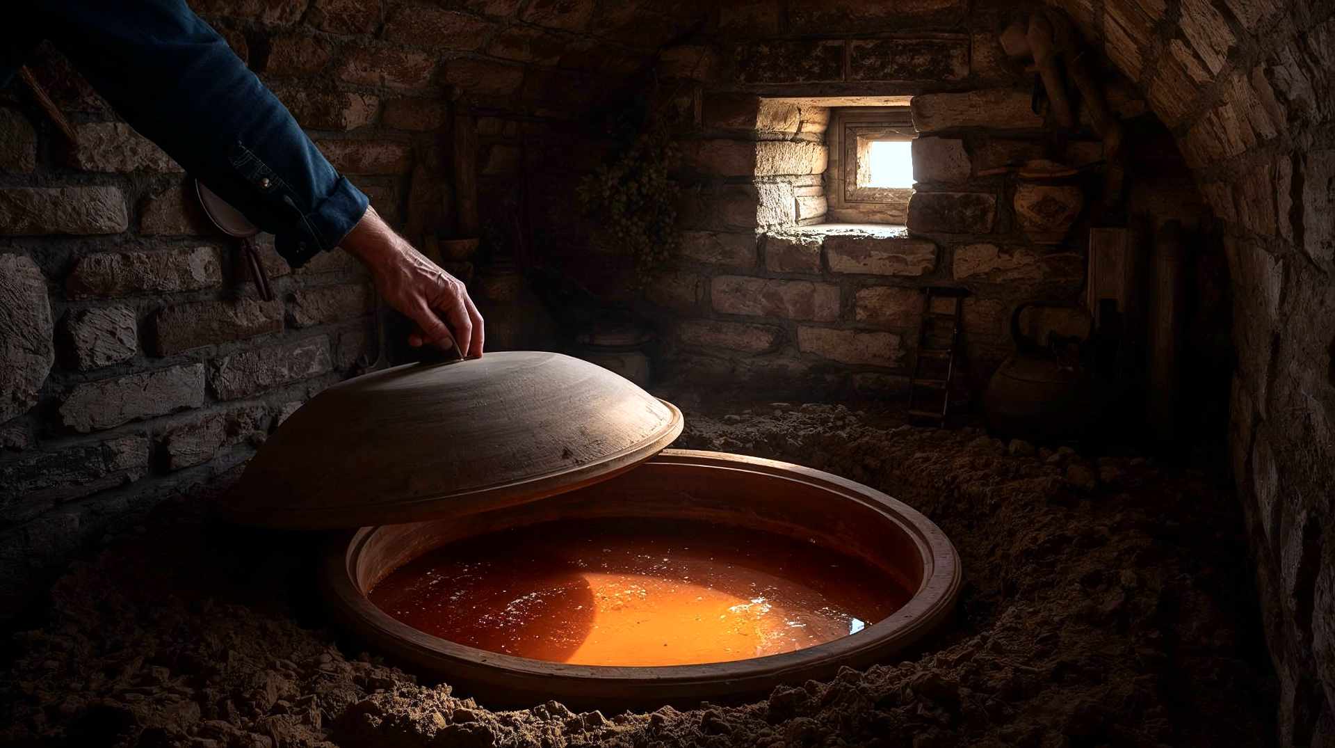 A hyper-realistic, professional photograph of a traditional Georgian wine cellar (Marani). In the foreground, a weathered winemaker's hand is lifting the heavy wooden lid off a clay Qvevri buried in the earth floor. Inside the rim of the vessel, the rich, amber-colored liquid catches a beam of warm, natural sunlight filtering through a stone window. In the background, antique tools and dried vines hang on textured brick walls. The lighting should be moody and atmospheric, emphasizing the texture of the clay, the soil, and the golden hue of the wine, evoking a sense of ancient history and craftsmanship. Cinematic lighting, high resolution, 8k.