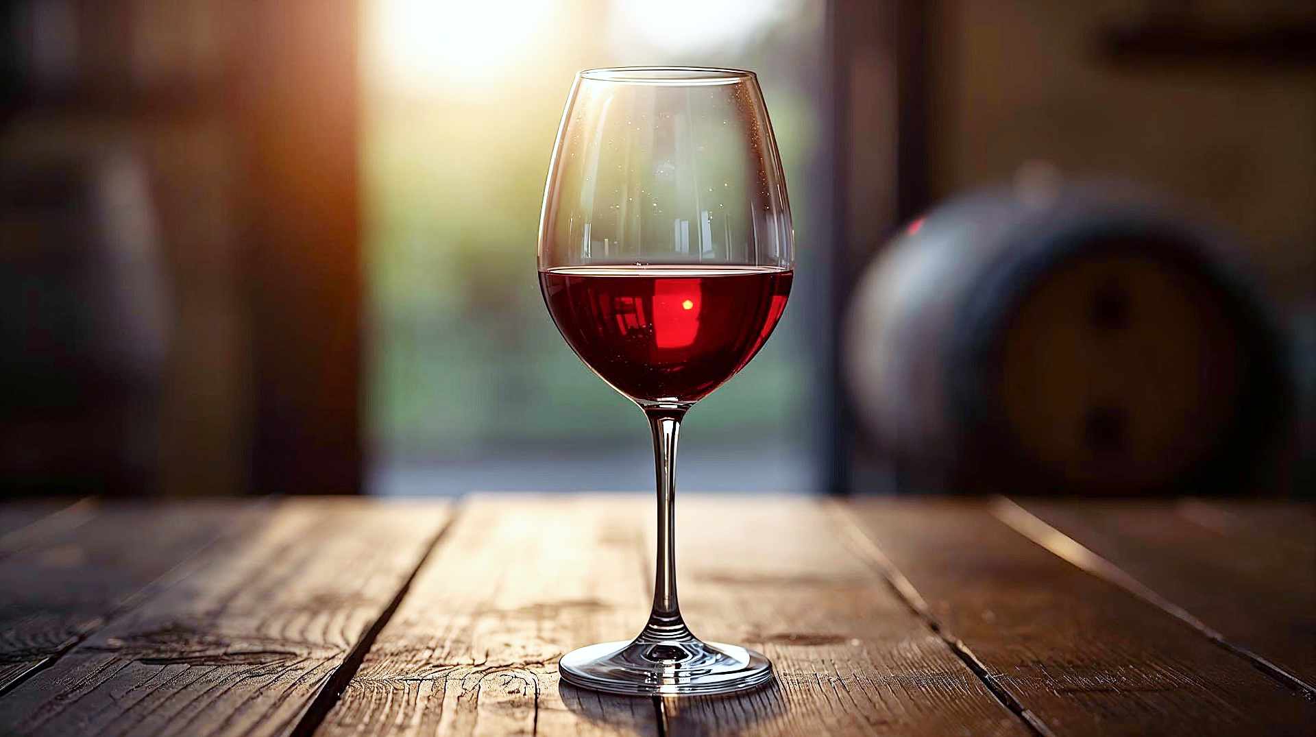A close-up, photorealistic, eye-level shot of a stemmed wine glass half-filled with rich, ruby-red wine. The glass is resting on a rustic, dark wooden table. Soft, golden-hour sunlight is streaming in from the side, illuminating the liquid and creating a glowing, jewel-like transparency in the center of the wine while highlighting the "legs" dripping down the inside of the glass. The background is slightly blurred (bokeh effect), suggesting a cozy vineyard tasting room with vague shapes of barrels and greenery. The focus is razor-sharp on the texture of the wine and the clarity of the glass. The mood is warm, inviting, and sophisticated.
