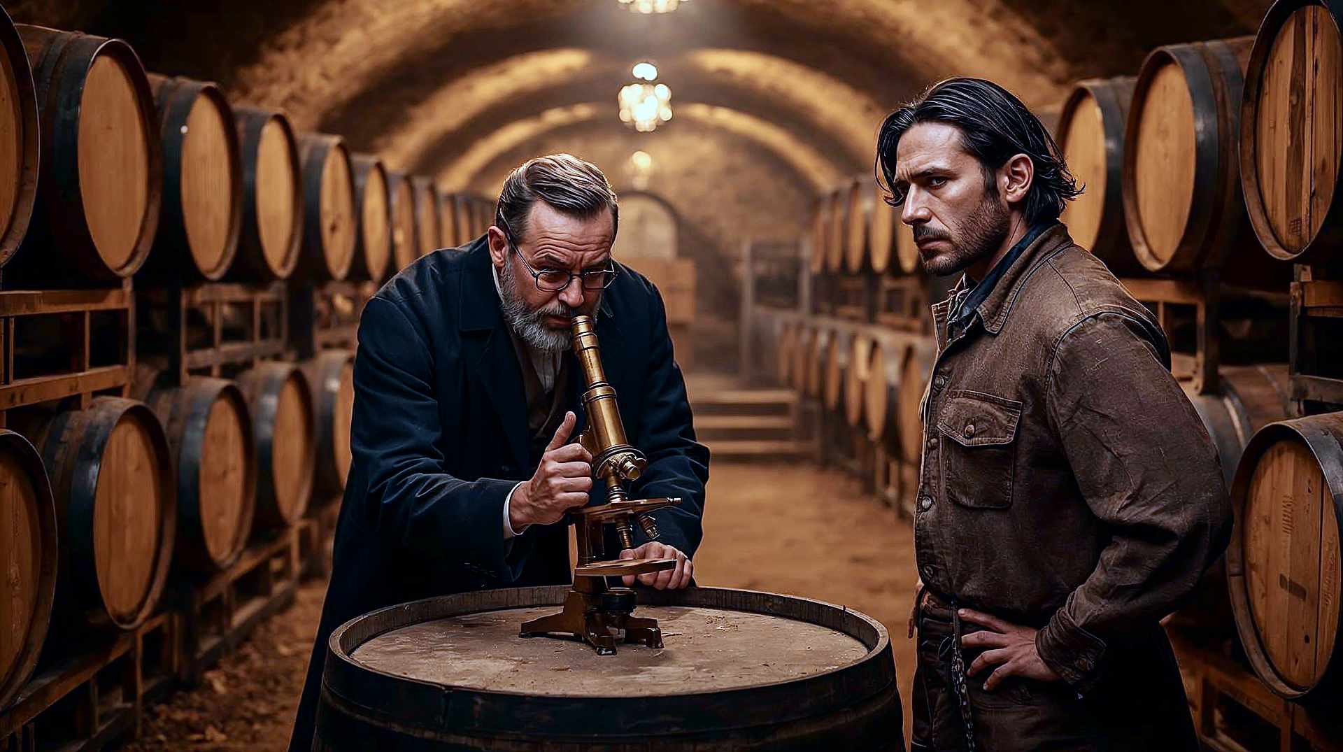 A highly detailed, cinematic, and photorealistic 19th-century scene inside a rustic French wine cellar. In the centre, Louis Pasteur, a distinguished man with a short beard and spectacles wearing a dark frock coat, is intensely focused on peering through a brass microscope that sits on top of a large wooden wine barrel. Beside him, a weathered French winemaker in rough work clothes looks on with a mix of skepticism and hope. The cellar is dimly lit by lantern light, casting warm glows and deep shadows on the rows of stacked oak barrels fading into the background. The atmosphere is dusty, historical, and scientific.