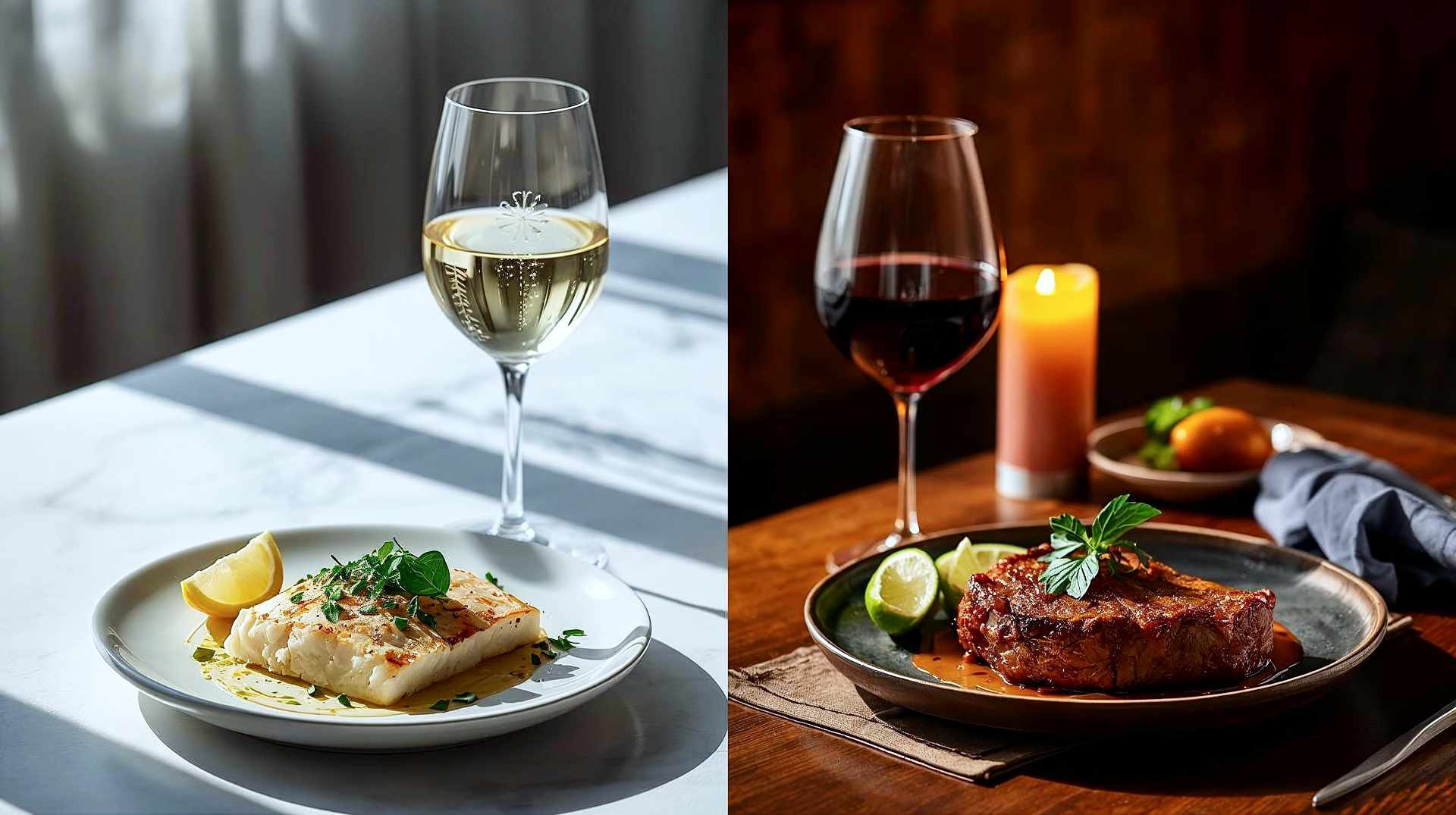 A split-screen professional food photography composition. On the left side, a delicate, sunlit setting featuring a crystal glass of pale white wine next to a plate of flaky white fish with lemon and herbs, evoking a "light and airy" feel. On the right side, a moody, warm, candlelight setting featuring a large glass of deep red wine next to a rustic plate of rich beef stew or grilled steak, evoking a "heavy and rich" feel. The lighting should transition smoothly from the bright, cool tones on the left to the warm, amber tones on the right, visually representing the spectrum of "weight" in dining. Ultra-realistic, 8k resolution, culinary magazine style.