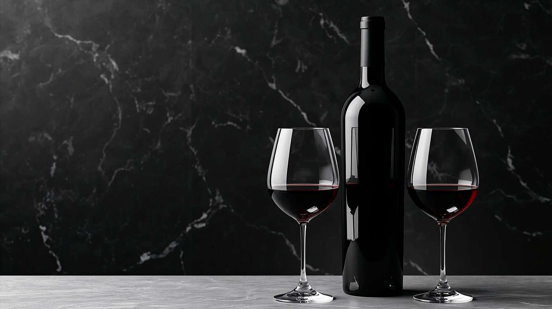 A high-end, luxury hero image for the MaxiWines homepage, photorealistic style. The composition features a premium dark wine bottle standing tall, accompanied by two elegant wine glasses filled with deep red wine, arranged precisely to mirror a classic sommelier's presentation. The background is a sophisticated dark black marble wall with subtle, elegant veining. The bottle and glasses sit on a sleek, light grey concrete table, creating a refined, minimalist aesthetic. The lighting is soft and professional, accentuating the glassware's clarity and the rich tones of the wine, evoking an atmosphere of cosmopolitan exclusivity and high-class professionalism.