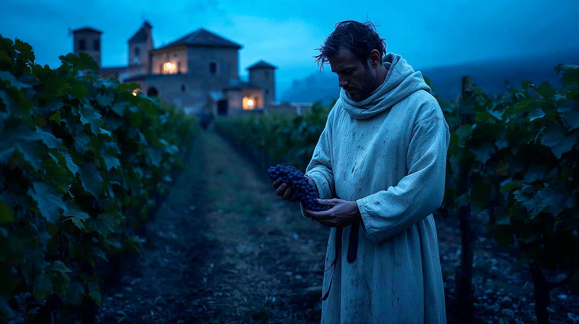 A cinematic, photorealistic wide shot of a medieval Cistercian monk standing in a stony vineyard at twilight. He is wearing a rough white wool robe, inspecting a bunch of purple grapes with dirty hands. In the background, a stone abbey glows with warm candlelight against a moody, misty blue landscape. The lighting should be soft and atmospheric, emphasizing the texture of the soil and the serenity of the scene.