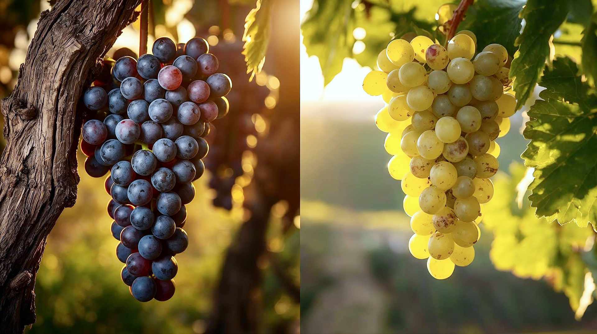 A professional, high-resolution split-composition photograph. On the left, a close-up of dark, thick-skinned Cabernet Sauvignon grapes hanging on a vine with gnarled wood, bathed in warm, golden-hour sunlight. On the right, a close-up of translucent, sun-dappled green Chardonnay grapes. In the background, a blurred scenic vineyard landscape with rolling hills. The lighting should be rich and dramatic, emphasizing the texture of the fruit and the elegance of the subject matter. No text or labels.