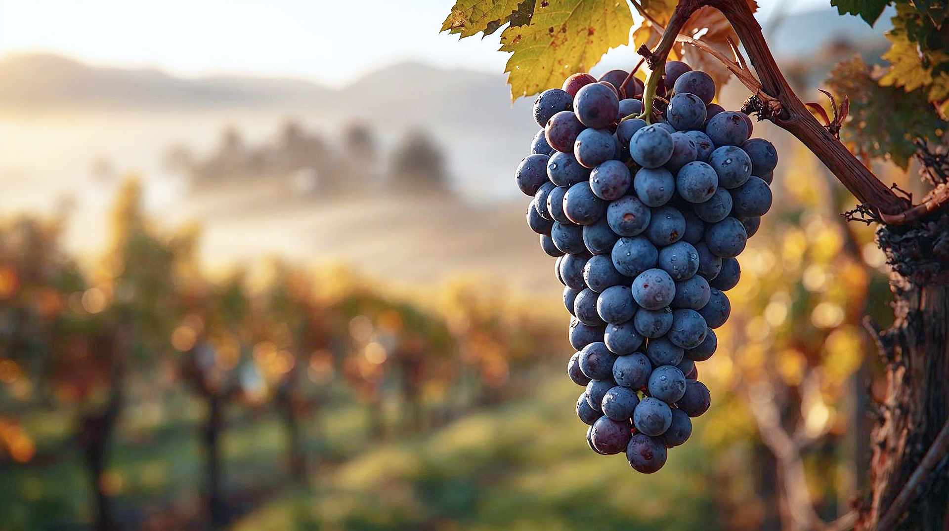 A hyper-realistic, professional landscape photograph of a Pinot Noir vineyard at sunrise in autumn. The focus is close-up on a tight, purple pine-cone-shaped cluster of grapes hanging from a vine, with morning dew glistening on the thin skins. In the background, softly blurred, are rolling hills of vines shrouded in low-hanging mist and golden light. The mood is serene, moody, and elegant, capturing the fragile beauty of the fruit. High resolution, cinematic lighting.