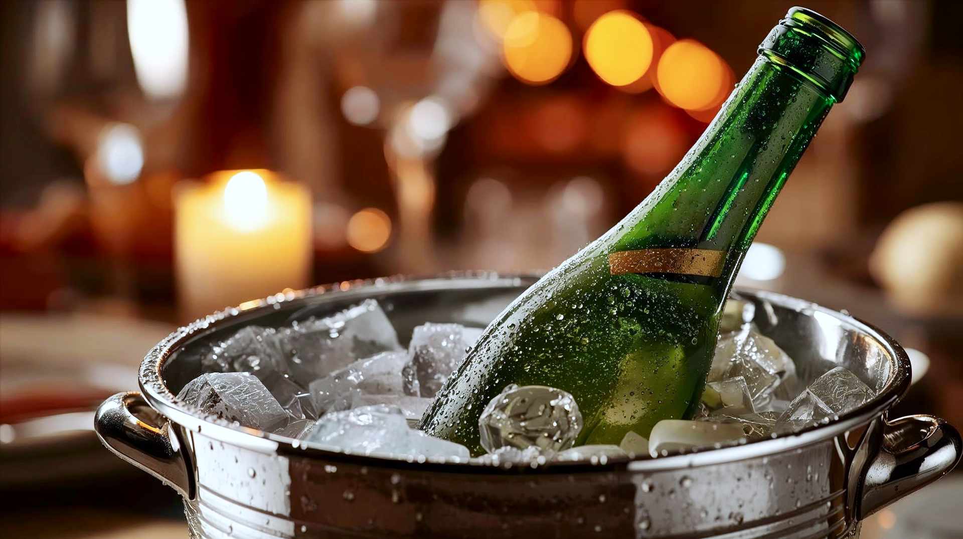 A hyper-realistic, professional food photography shot of a chilled bottle of Sauvignon Blanc resting in a silver ice bucket. The bucket is filled with ice cubes and water. Condensation droplets are heavily beaded on the green glass of the bottle and the side of the silver bucket, catching the light. The background is a warm, softly blurred dinner party setting with candlelight, suggesting a cozy and elegant atmosphere. The lighting should be crisp on the bottle to emphasize the "coldness" while the background remains inviting.