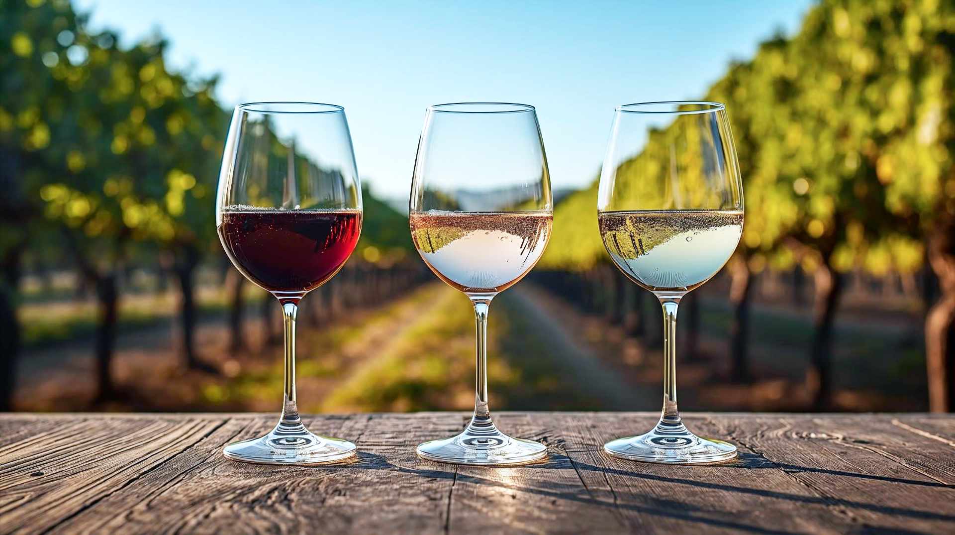 A sophisticated, high-resolution, photorealistic eye-level shot of three elegant crystal wine glasses lined up on a rustic wooden vineyard table, bathed in warm, golden-hour sunlight. The left glass holds a deep ruby red Cabernet, the center glass holds a glistening pale salmon Rosé, and the right glass holds a brilliant golden Chardonnay. Behind the glasses, soft-focus rows of lush grapevines stretch into the distance under a clear blue sky. The lighting should backlight the wine, making the liquids glow and highlighting their distinct colors. No text or people. Professional food and beverage photography style.