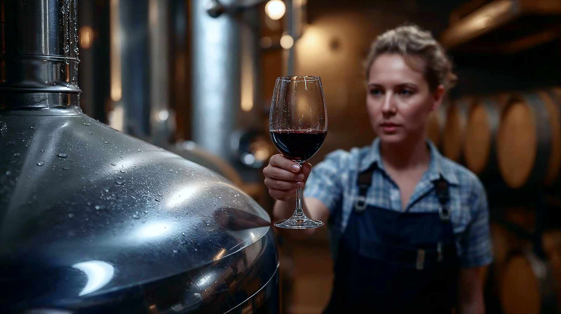 A hyper-realistic, professional cinematic photograph inside a dimly lit, modern winery cellar. In the foreground, a glistening, stainless steel fermentation tank with condensation on the side. A focused winemaker in workwear is inspecting a glass of deep ruby red wine held up against the light. In the background, blurred oak barrels and soft, warm amber lighting create a contrast with the cool steel. The atmosphere is serious, artisanal, and scientific. High dynamic range, 8k resolution, sharp focus on the wine glass and liquid texture.