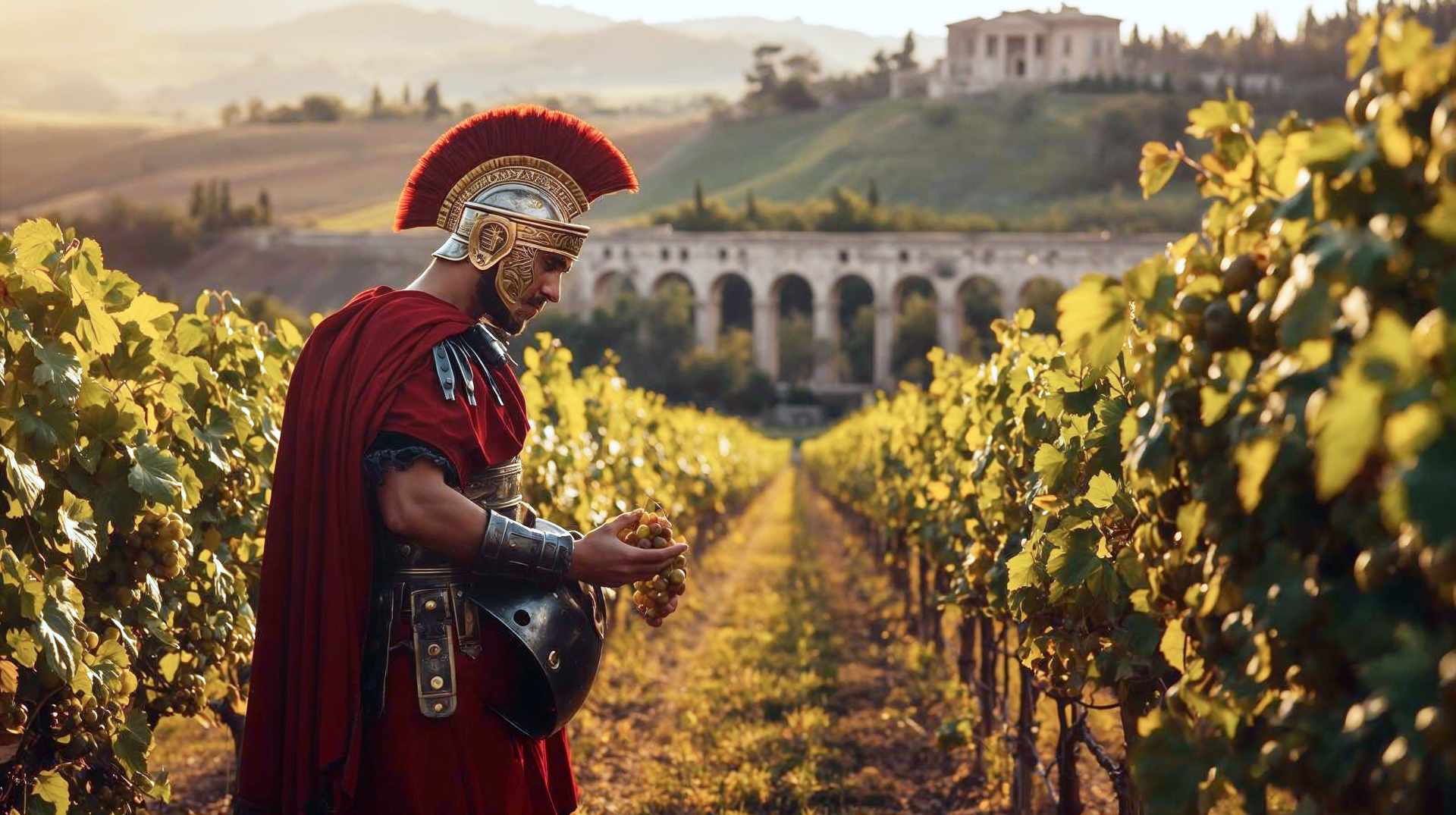 A cinematic, wide-angle shot of a Roman legionary standing in a lush vineyard at golden hour. The soldier is not fighting, but inspecting a bunch of grapes held in his hand, his helmet tucked under his arm. In the background, gently rolling hills with rows of vines stretch towards a distant Roman stone villa and a classic aqueduct. The lighting is warm and amber, evoking a sense of history and harvest. The style should be hyper-realistic and atmospheric, similar to National Geographic historical reconstruction photography.