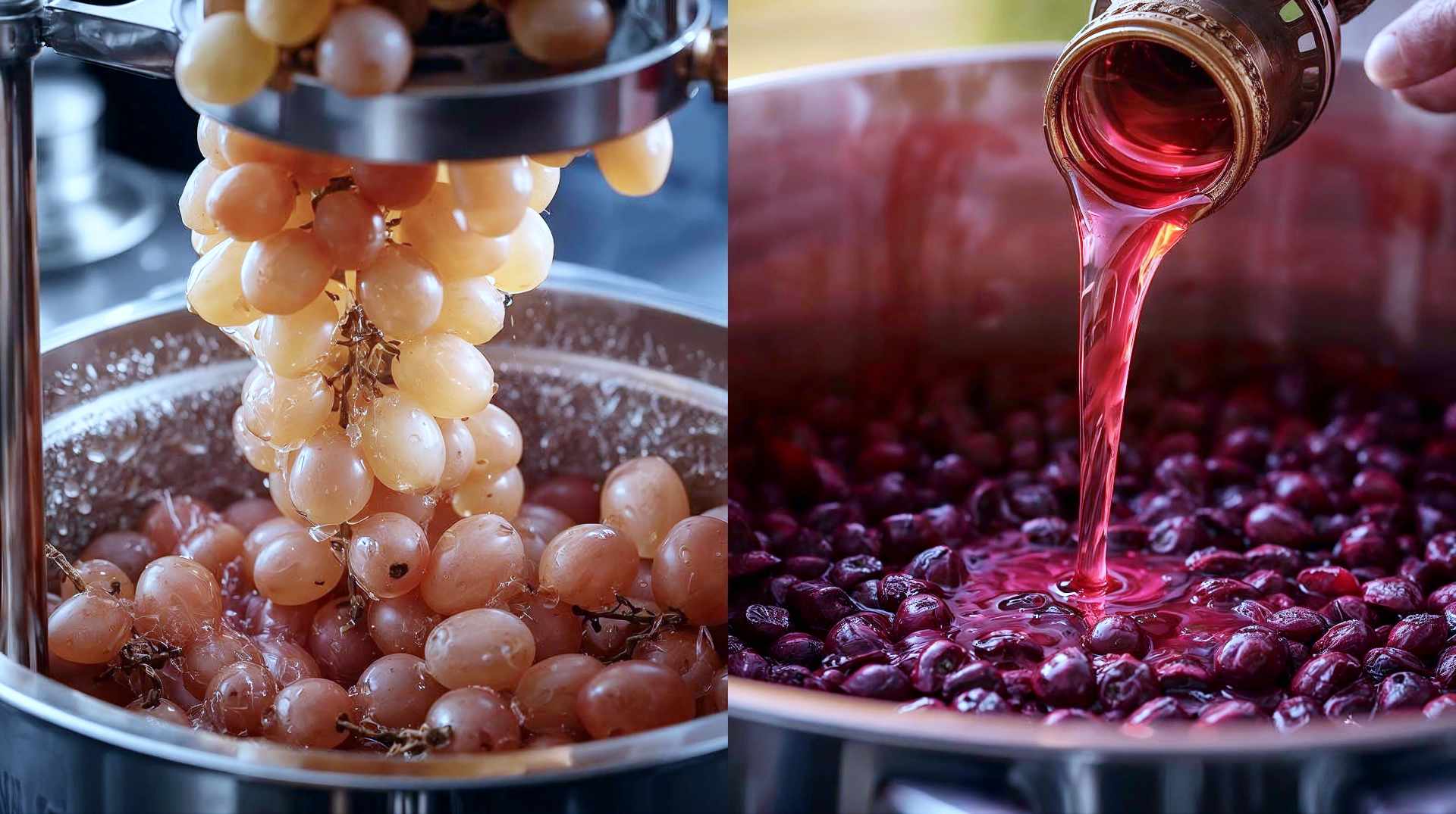 A split-composition, professional macro photograph illustrating the two methods of rosé production. On the left, illuminated by cool, crisp morning light, show a "Direct Press" setup: pale, salmon-colored grapes being gently pressed, releasing a nearly clear, glistening juice into a stainless steel basin. On the right, bathed in warm, rich golden-hour light, show the "Saignée" method: a vat of deep purple crushed grapes with a valve open, bleeding off a stream of vibrant, ruby-red pink juice. The contrast should highlight the texture: the left is airy and delicate; the right is rich and saturated. High resolution, 8k, photorealistic culinary photography style.