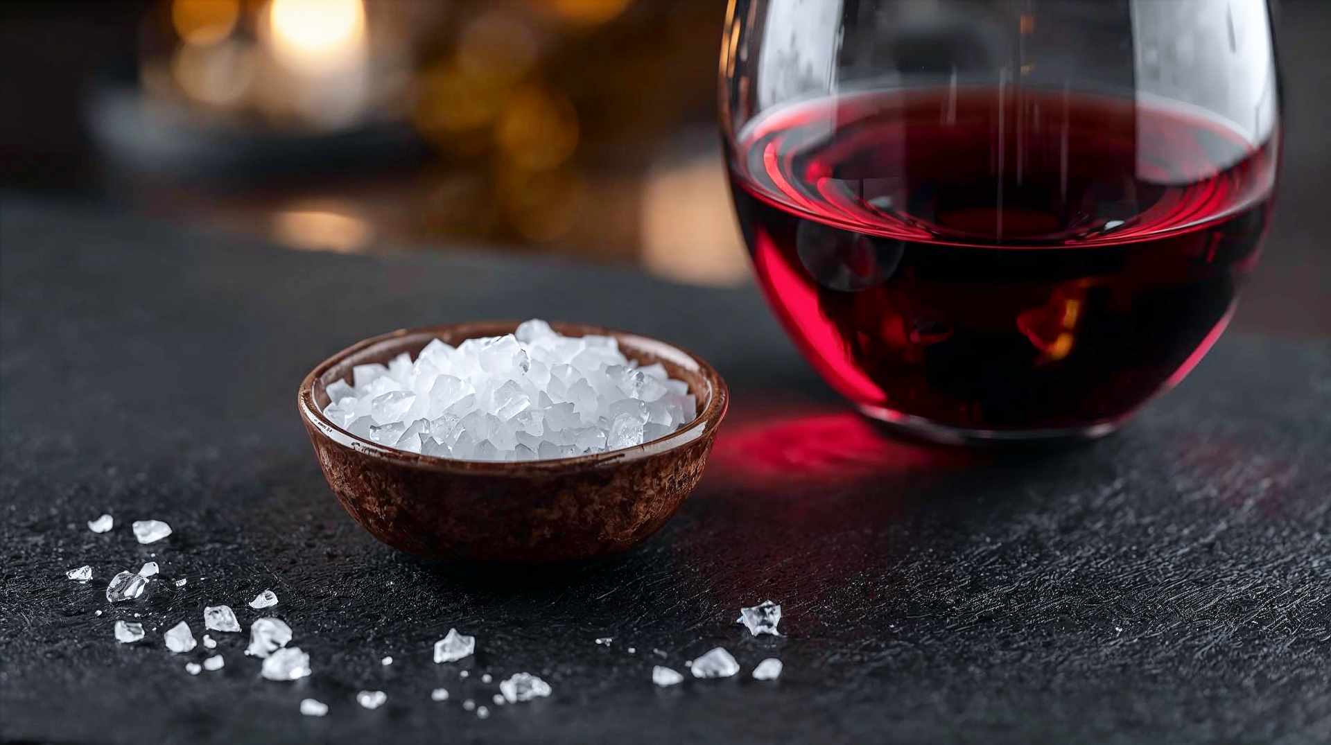 A professional, hyper-realistic close-up photograph of a fine dining setting focused on the interplay of elements. In the foreground, a crystal wine glass containing rich red wine sits next to a small, artisanal ceramic dish of flaky sea salt. A few grains of the salt are scattered artistically on a dark, textured slate table surface. The lighting is moody and warm (golden hour style), highlighting the texture of the salt crystals and the ruby refraction in the wine glass. The background is softly blurred (bokeh), suggesting a dinner party atmosphere without distracting from the subject. The image should convey elegance, chemistry, and culinary sophistication.