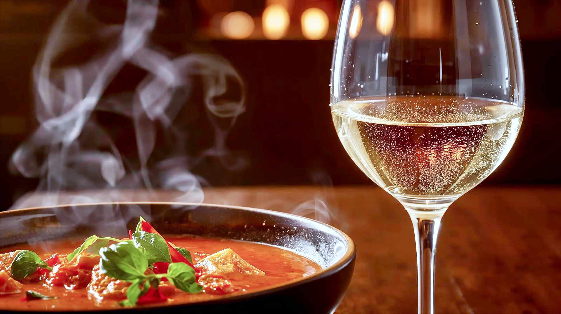 A professional, high-resolution close-up culinary photograph shot in a warm, inviting dining setting. In the foreground, a vibrant, steam-rising bowl of red Thai curry with fresh green basil and red chili garnishes. Next to it, a stemmed wine glass filled with chilled, pale-gold white wine (Riesling) with condensation droplets on the glass, catching the golden-hour light. The background is slightly blurred (bokeh) showing a rustic wooden table and warm ambient lighting. The mood is sophisticated but appetizing, highlighting the contrast between the fiery red food and the cool, crisp wine. Photorealistic, 85mm lens, f/1.8.