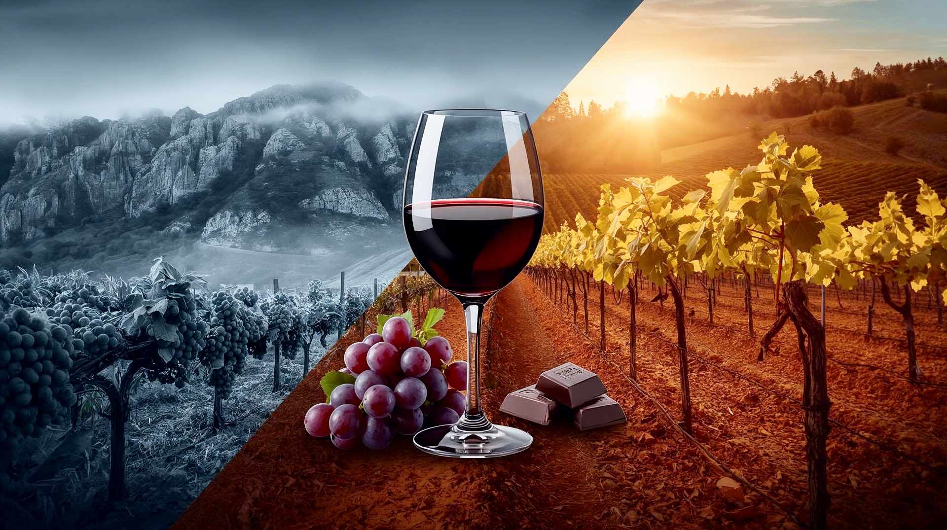 A split-composition professional photograph showcasing the duality of the grape. On the left side, depict a moody, cool-toned French vineyard with steep, rocky granite slopes, mist, and a glass of dark, elegant wine with a sprig of rosemary nearby. On the right side, depict a warm, sun-drenched Australian vineyard with golden hour lighting, dry red earth, and a glass of rich, opaque red wine next to dark chocolate. The image should be hyper-realistic, high definition, and separate the two worlds with a subtle diagonal blur, symbolizing the "Same Grape, Different Styles" theme.