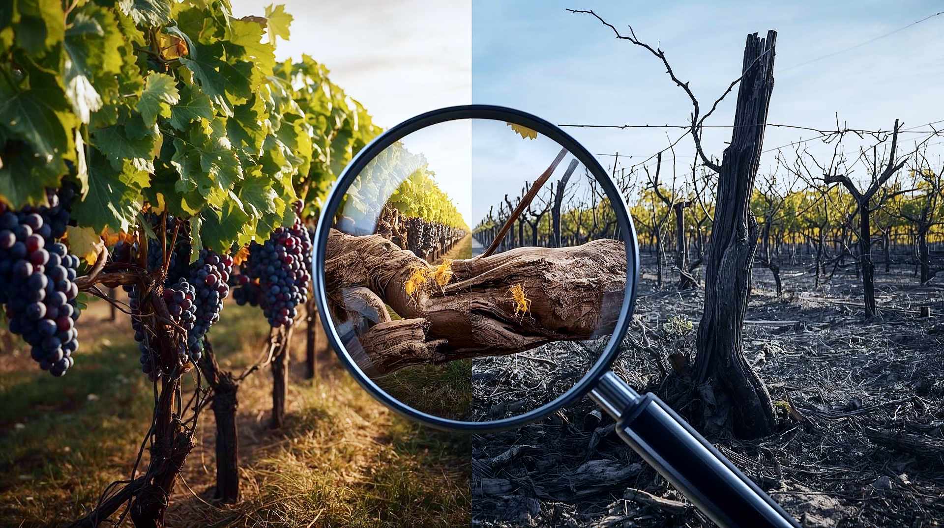 A hyper-realistic, cinematic split-composition image. On the left side, a lush, vibrant 19th-century French vineyard in the golden hour, with healthy green leaves and purple grapes. On the right side, a desolate, grey landscape with withered, blackened vine stumps and dry yellow leaves, symbolizing the blight. In the foreground, a magnifying glass focuses on a gnarled root, revealing tiny, glowing yellow aphids (phylloxera) crawling on it. The lighting should transition from warm gold to cold blue-grey. High detail, 8k resolution, National Geographic style photography.