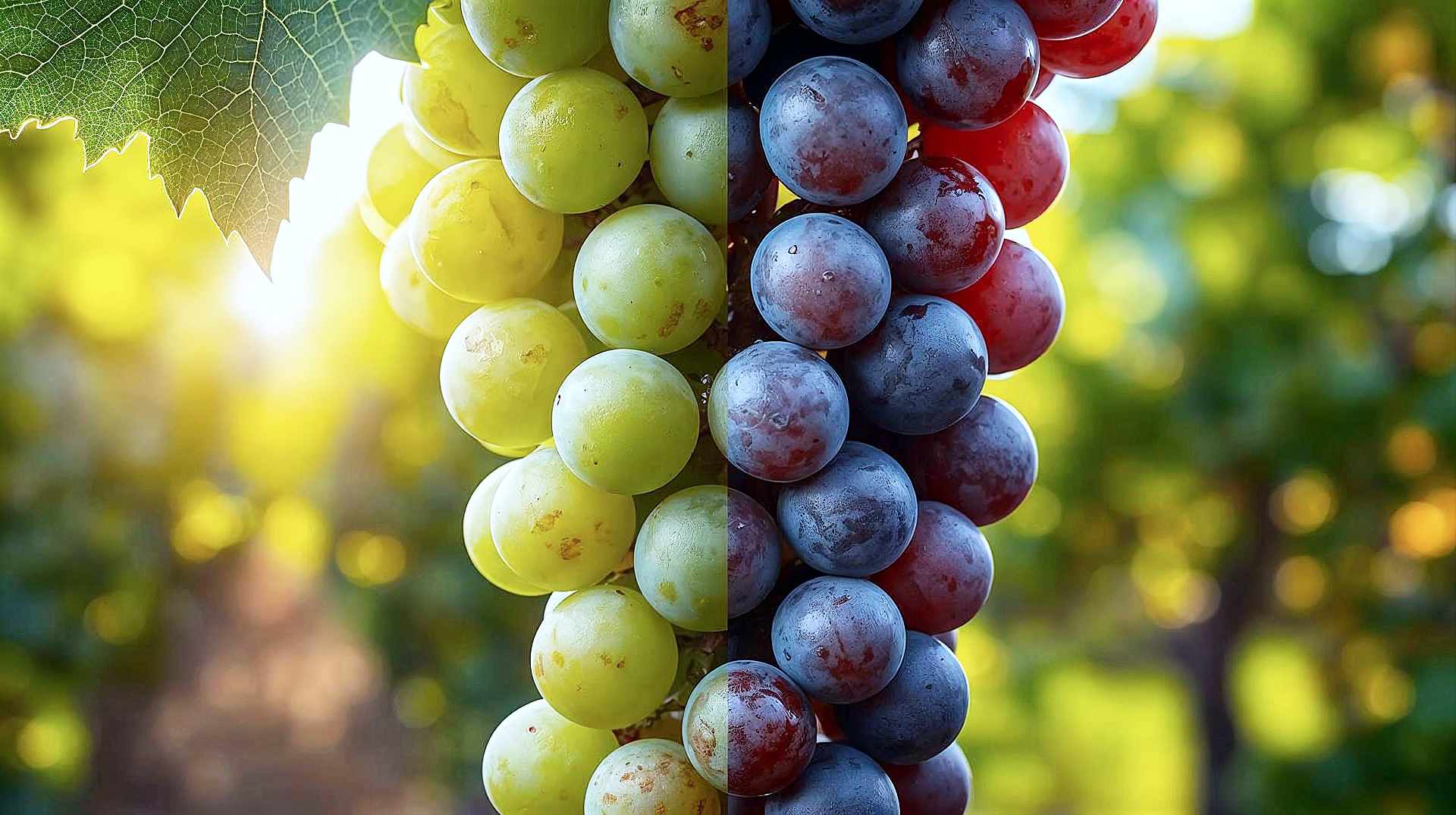 Prompt: A split-screen, photorealistic macro close-up showcasing the dramatic transition of "Veraison" in a vineyard. On the left side of the cluster, the grapes are a hard, opaque, vibrant lime green. On the right side, the grapes are transforming into a deep, translucent purple-black with a waxy bloom on the skin. The lighting is golden-hour sunlight filtering through lush green vine leaves, creating a bokeh effect in the background. The texture of the grape skins should be highly detailed, showing the tension of the ripening fruit. The image should evoke a sense of natural magic and agricultural abundance. Style: National Geographic botanical photography.