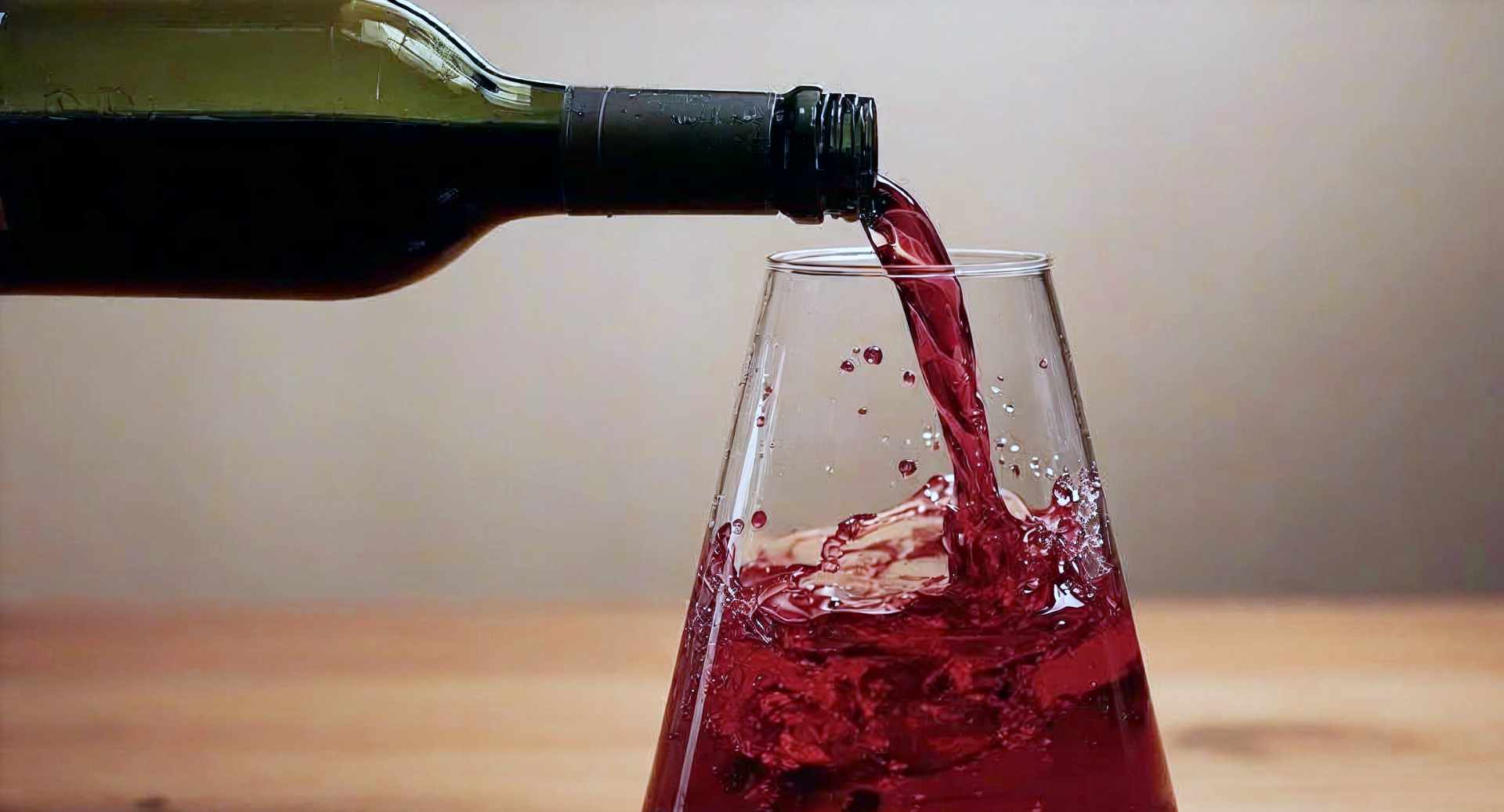 A high-quality, professional close-up photograph of red wine being poured from a dark green bottle into a wide-bottomed crystal decanter. The setting is warm and inviting, perhaps a wooden table with soft, ambient lighting suggesting a cozy dinner party. Capture the motion of the liquid splashing against the clear glass, highlighting the rich ruby red color and the clarity of the wine. The lighting should backlight the wine slightly to make it glow. No people in the shot, just the focus on the elegance of the pouring action and the glassware.