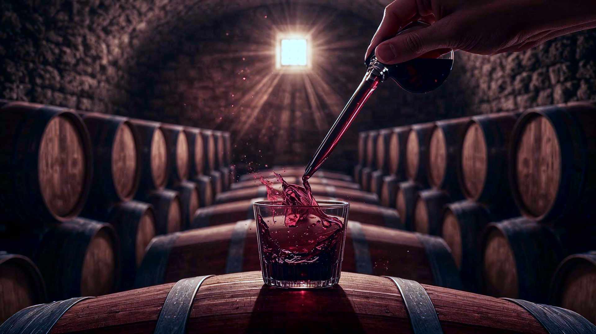 A hyper-realistic, professional wide shot of a winery interior during harvest season. In the foreground, a winemaker's hand is visible holding a wine thief (glass pipette) extracting red wine from a wooden barrel to check clarity. The background shows rows of stacked oak barrels in a dimly lit, cool cellar with stone walls. Shafts of warm, golden sunlight are filtering through a small high window, illuminating dust motes in the air and hitting the ruby-red wine in the glass thief. The image should convey craftsmanship, history, and the intersection of science and art.